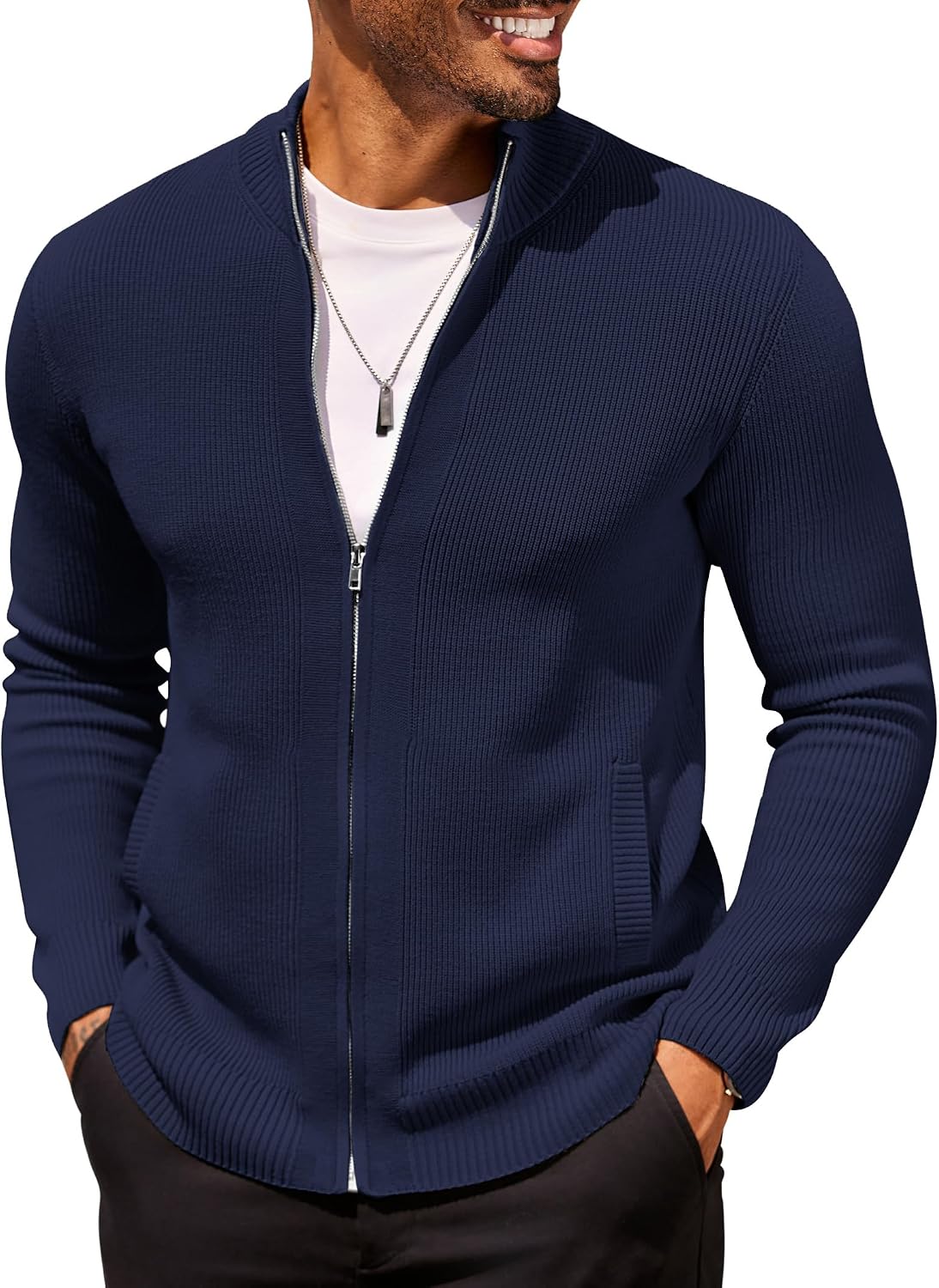 Men's Striped Knit Full Zip Cardigan - Slim Fit with Two Front Pockets and Ribbed Cuffs for Business Casual - Medium