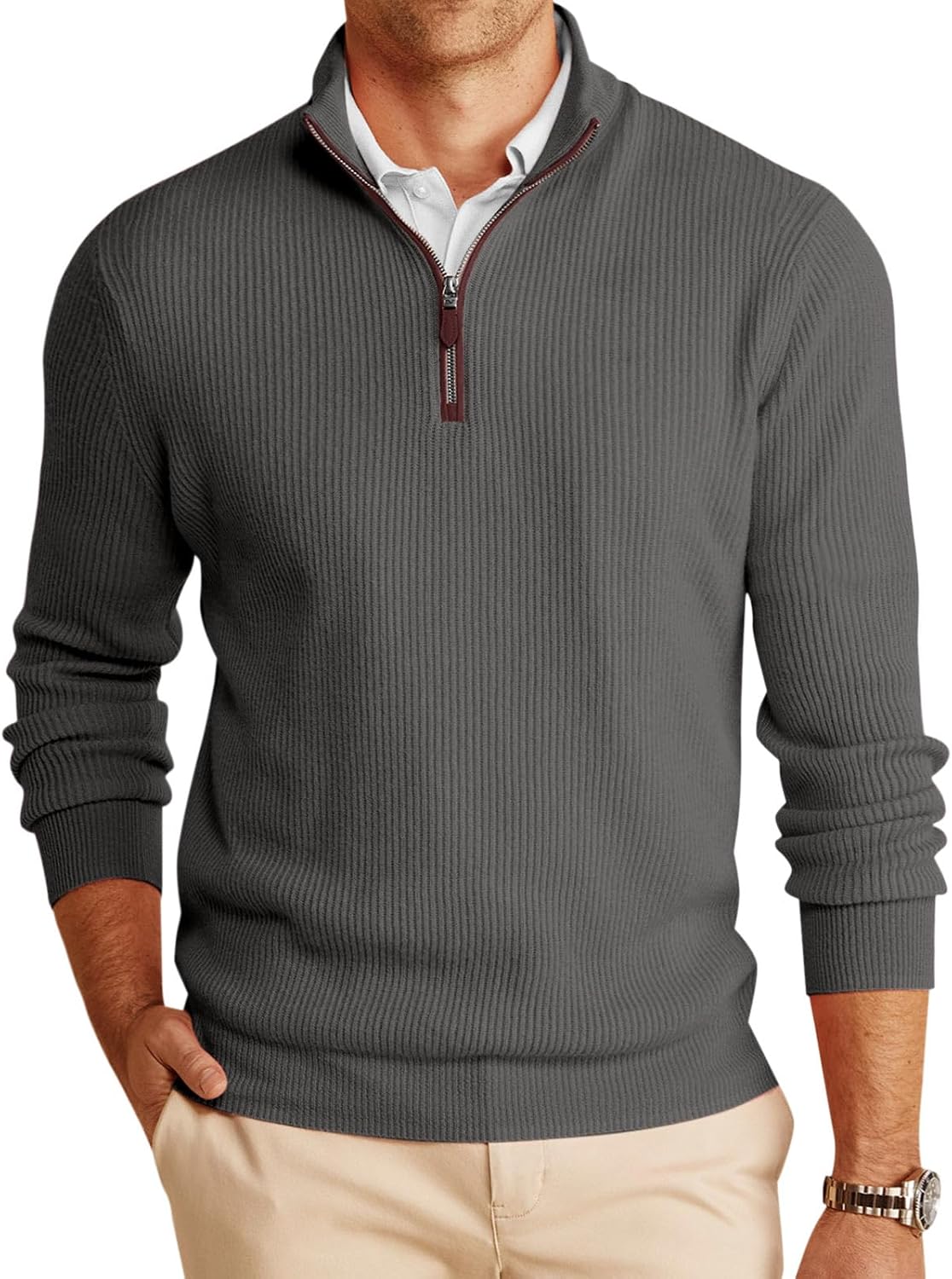 Men's Chunky Ribbed Knit Quarter Zip Sweater - Relaxed Fit Mock Neck for Winter Golf Rounds and Work Days - Small