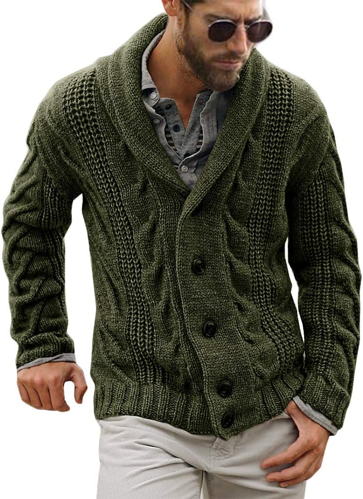 Men's Chunky Cable Knit Shawl Collar Cardigan - Loose Fit Button Down Sweater for Winter Fireside Evenings - Medium