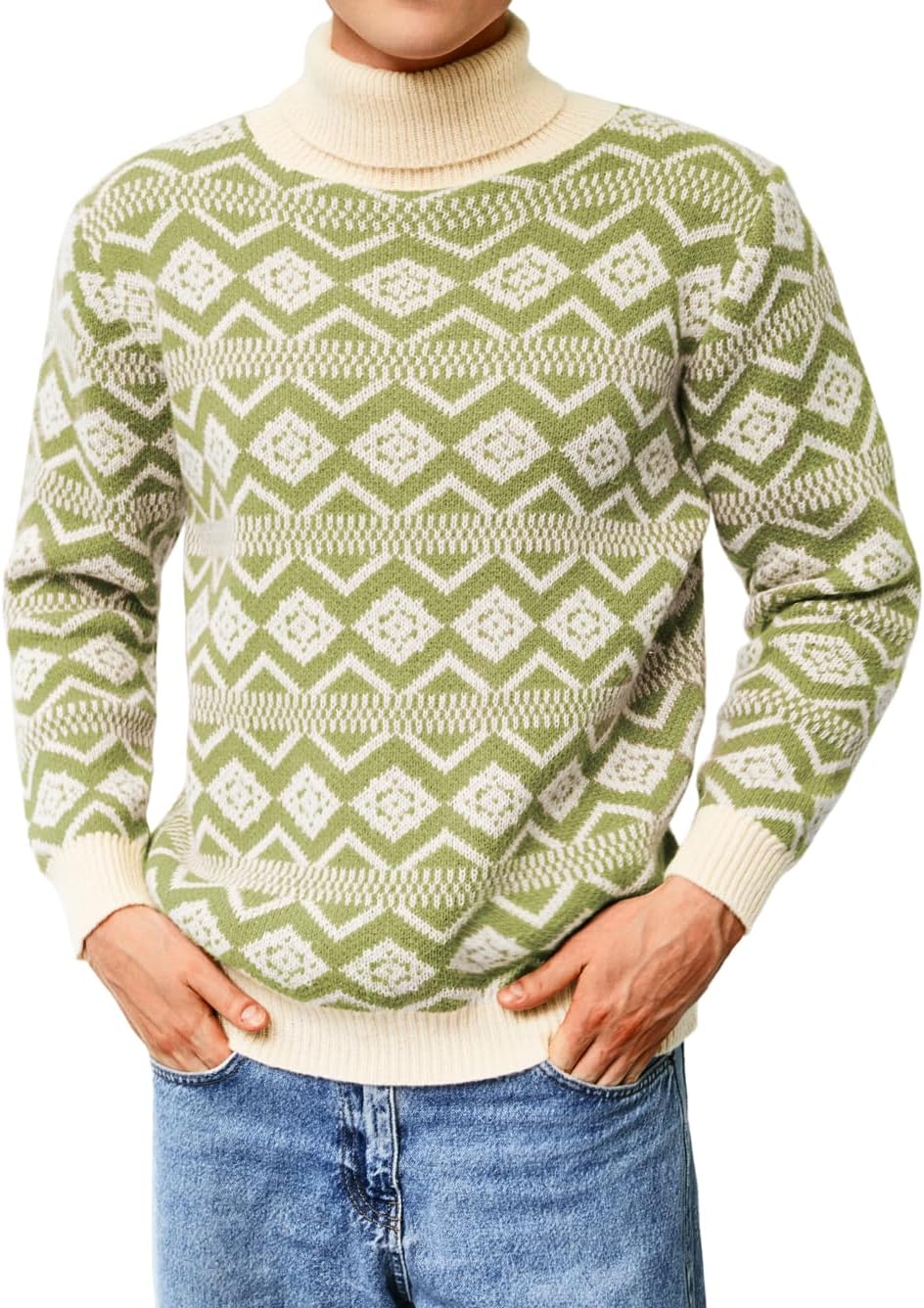 Men's Nordic Chunky Knit Turtleneck Sweater in Light Green