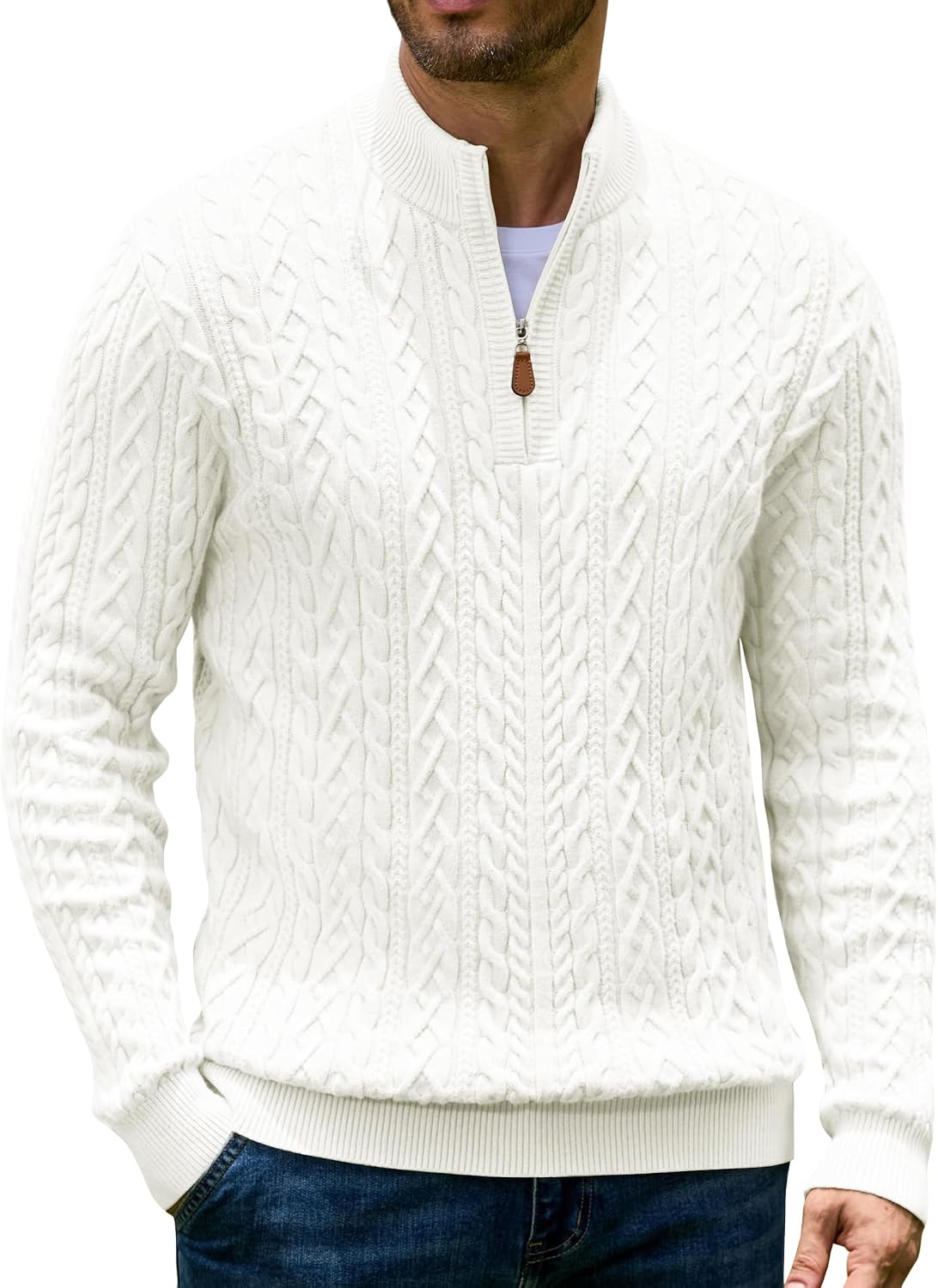 Men's Cable Knit Quarter Zip Sweater - Twist Textured Mock Neck in Heavyweight Stretch Knit for Cold Days - Small