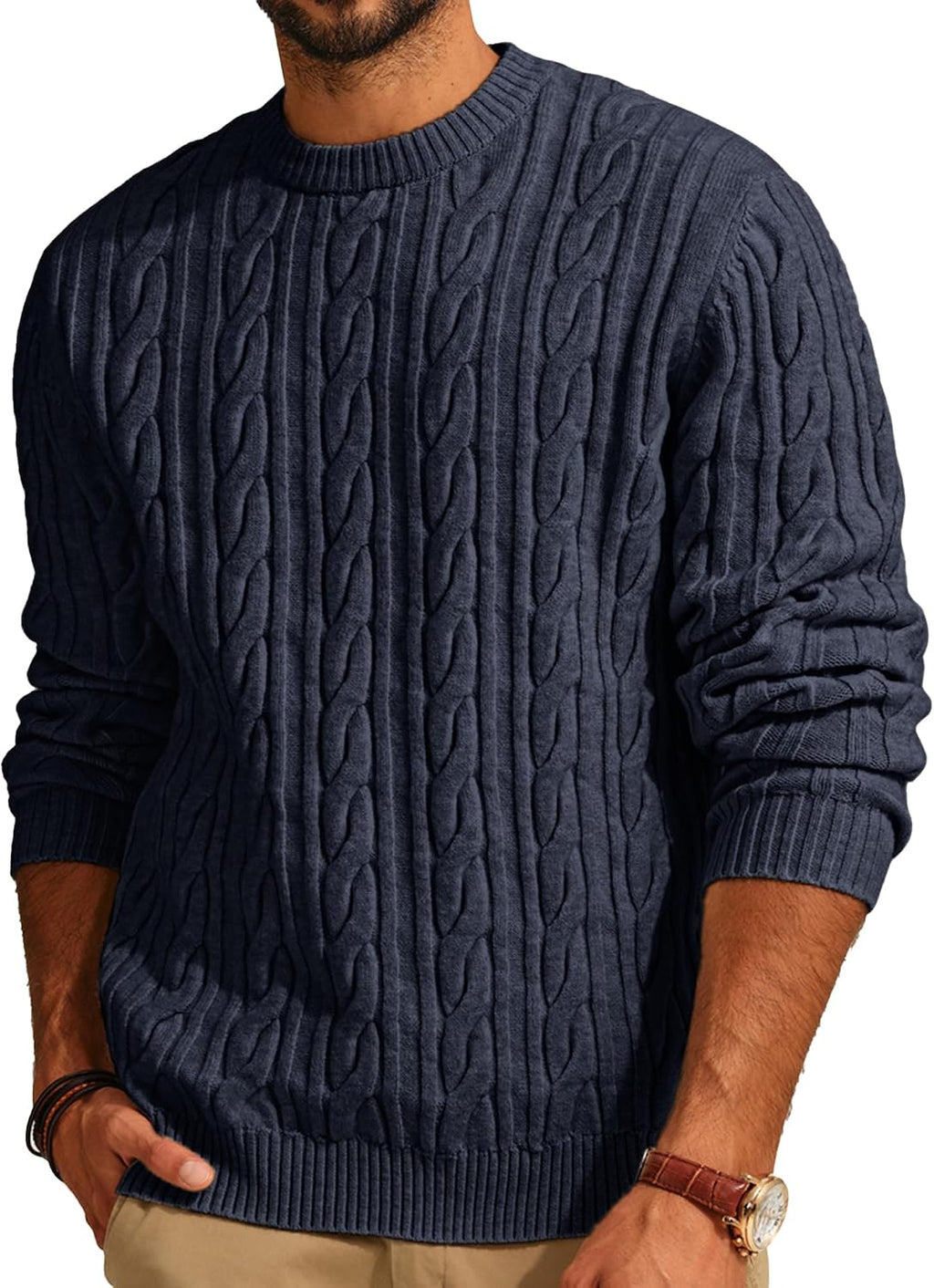 Men's Cable Knit Crewneck Sweater - Twist Textured Regular Fit Pullover in Solid Color for Business Casual Days - Small