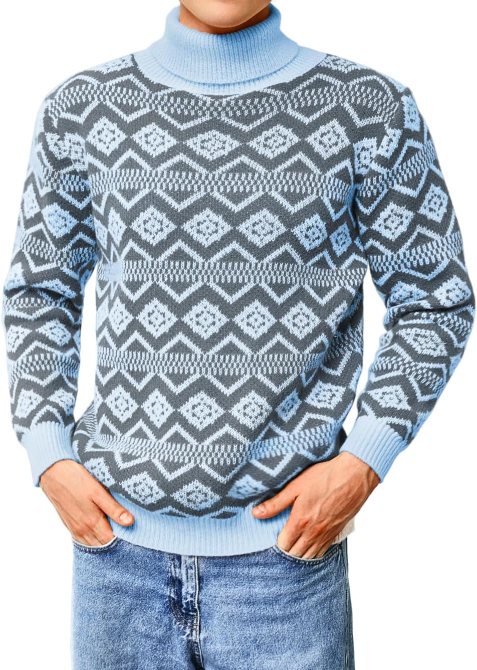 Men's Nordic Chunky Knit Turtleneck Sweater in Light Blue