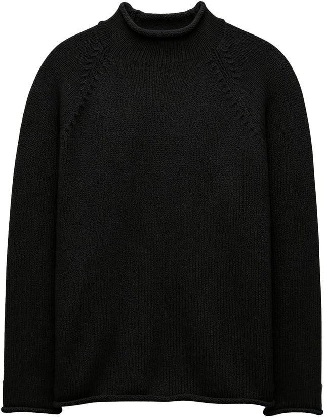 Men's Chunky Cotton Roll Neck Sweater in Black