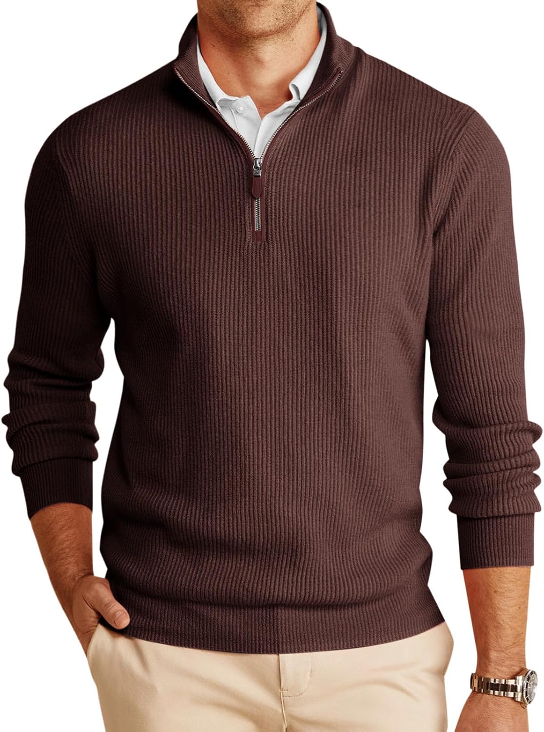 Men's Chunky Ribbed Knit Quarter Zip Sweater - Relaxed Fit Mock Neck for Winter Golf Rounds and Work Days - Small