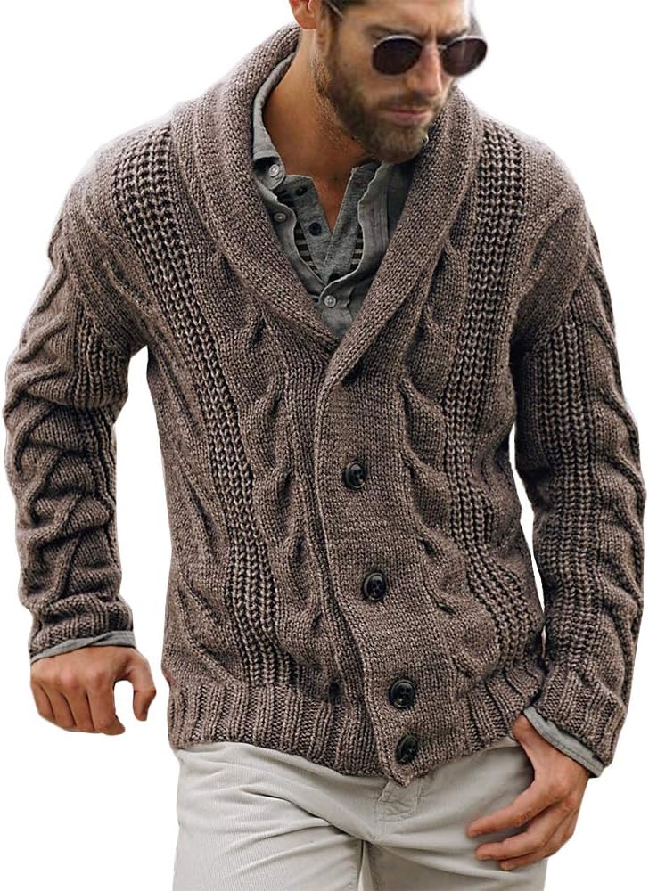 Men's Chunky Cable Knit Shawl Collar Cardigan - Loose Fit Button Down Sweater for Winter Fireside Evenings - Medium