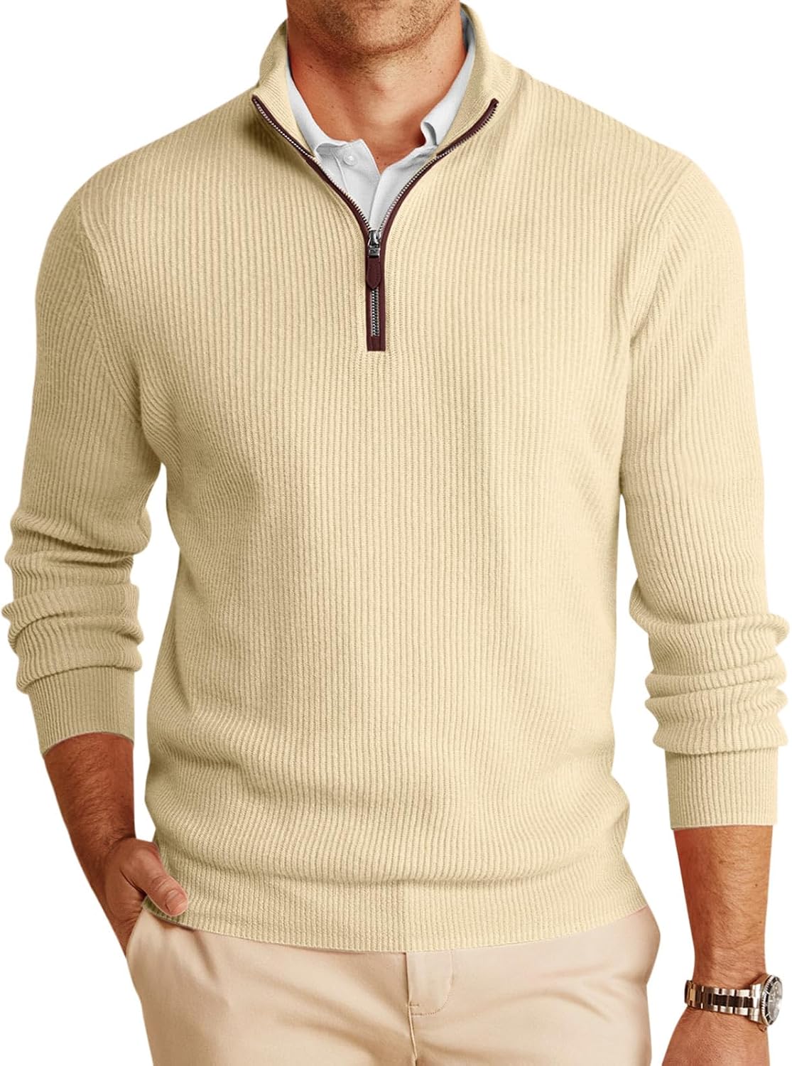 Men's Chunky Ribbed Knit Quarter Zip Sweater - Relaxed Fit Mock Neck for Winter Golf Rounds and Work Days - Small