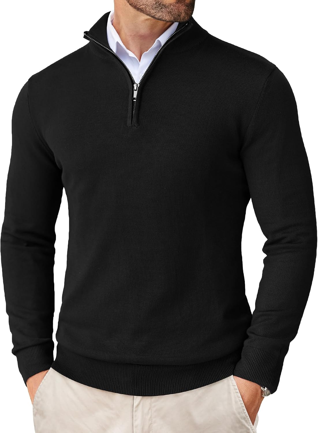 Men's Lightweight Knit Quarter Zip Pullover - Slim Fit Mock Neck with Metal Zipper Pull for Fall Office Days - Small