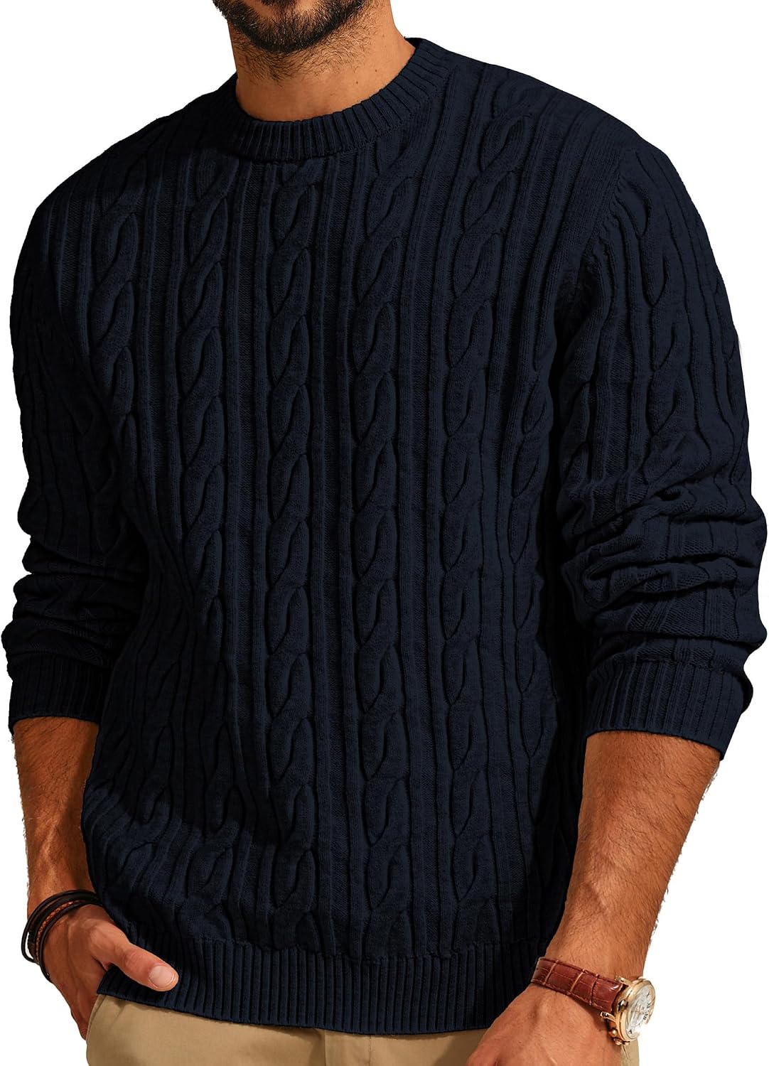 Men's Cable Knit Crewneck Sweater - Twist Textured Regular Fit Pullover in Solid Color for Business Casual Days - Small