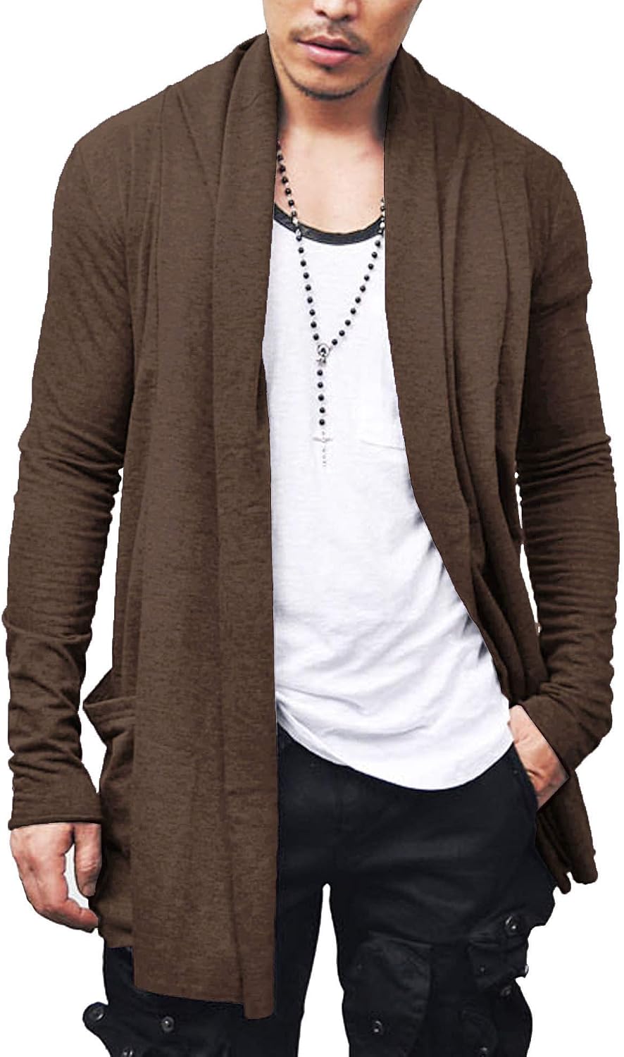 Men's Ruffle Shawl Collar Long Cardigan in Coffee