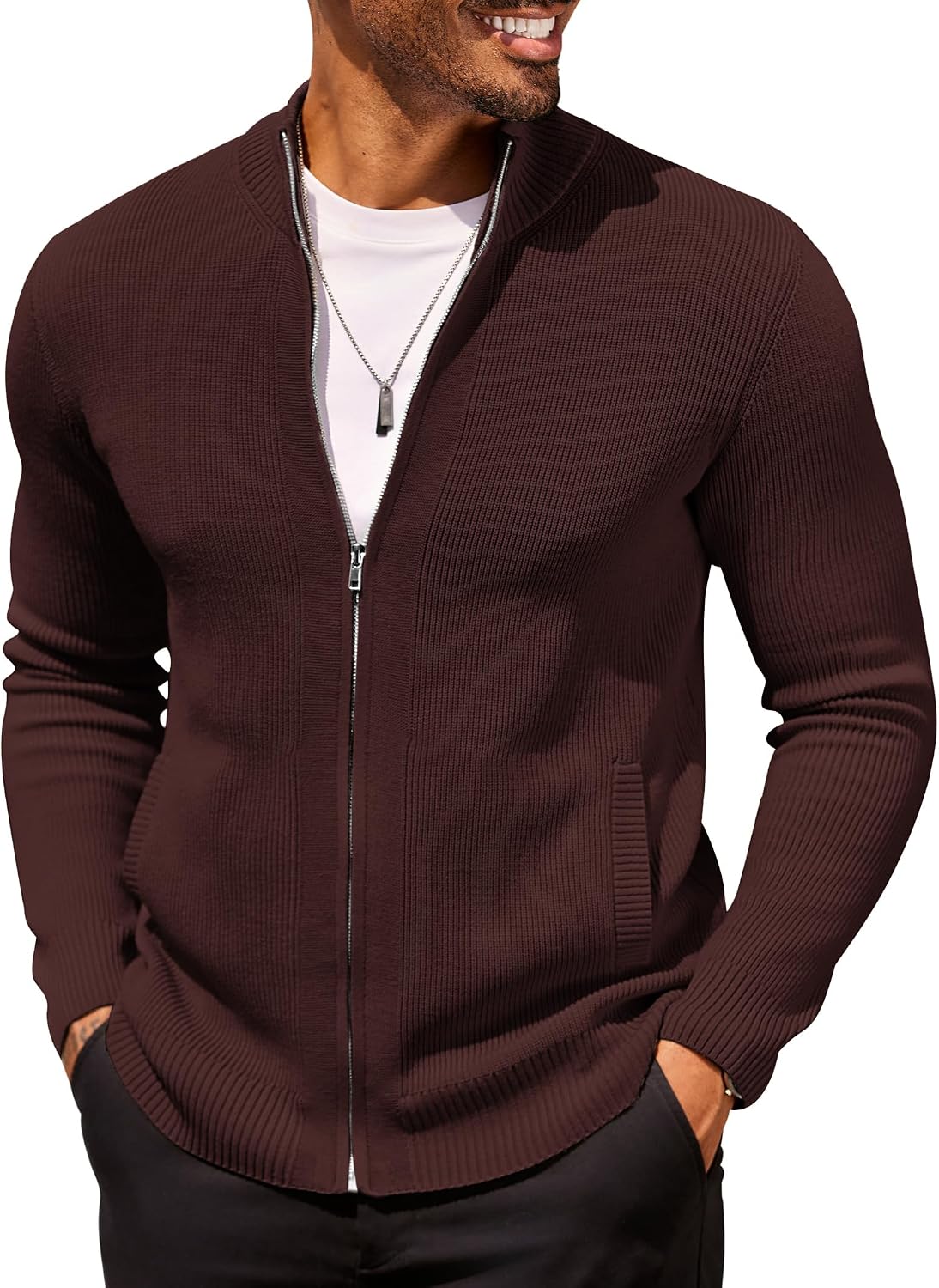 Men's Striped Knit Full Zip Cardigan in Brown