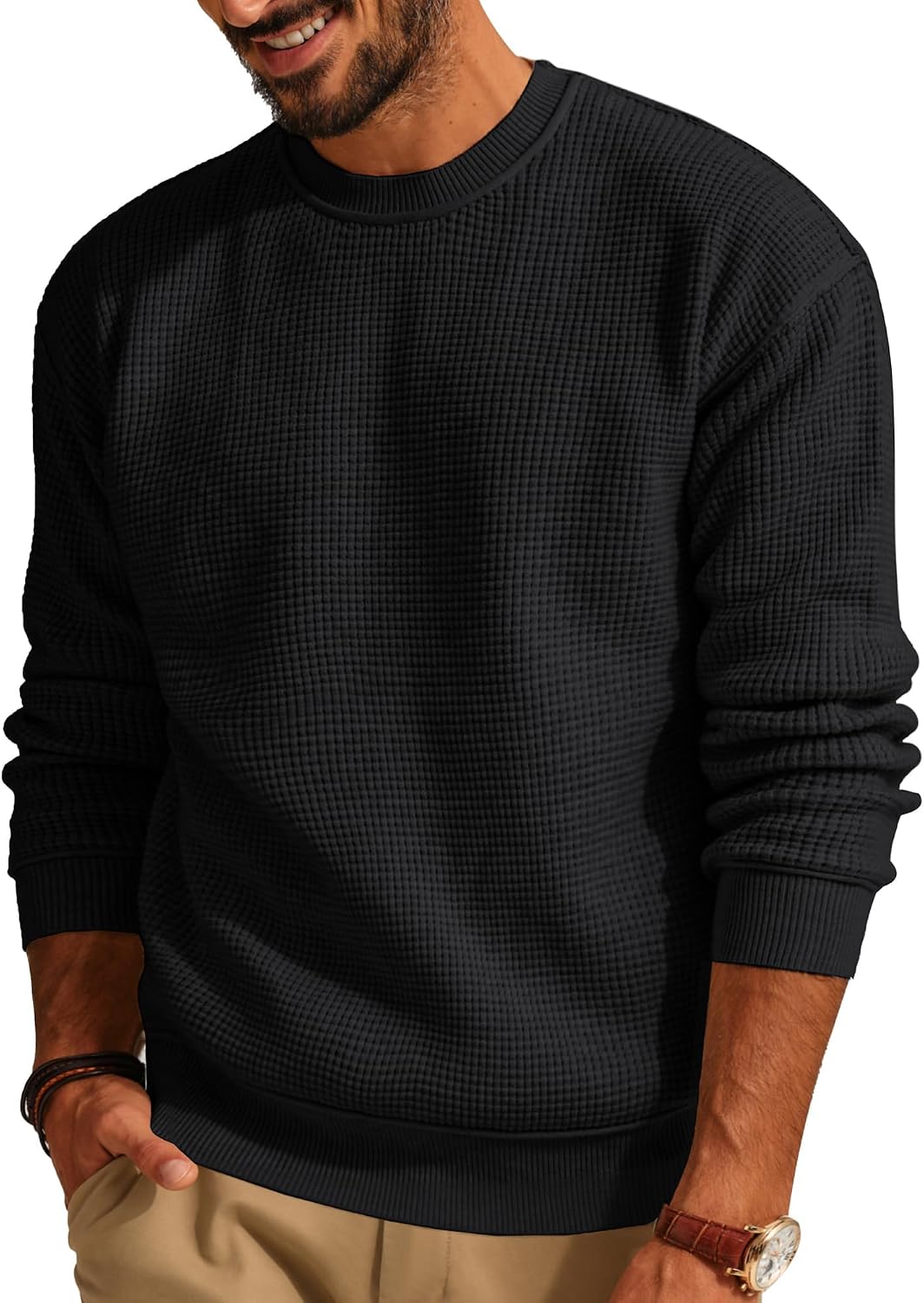 Men's Waffle Knit Crewneck Sweater - Lightweight Textured Pullover for Casual Daily Wear in Fall and Winter - Medium