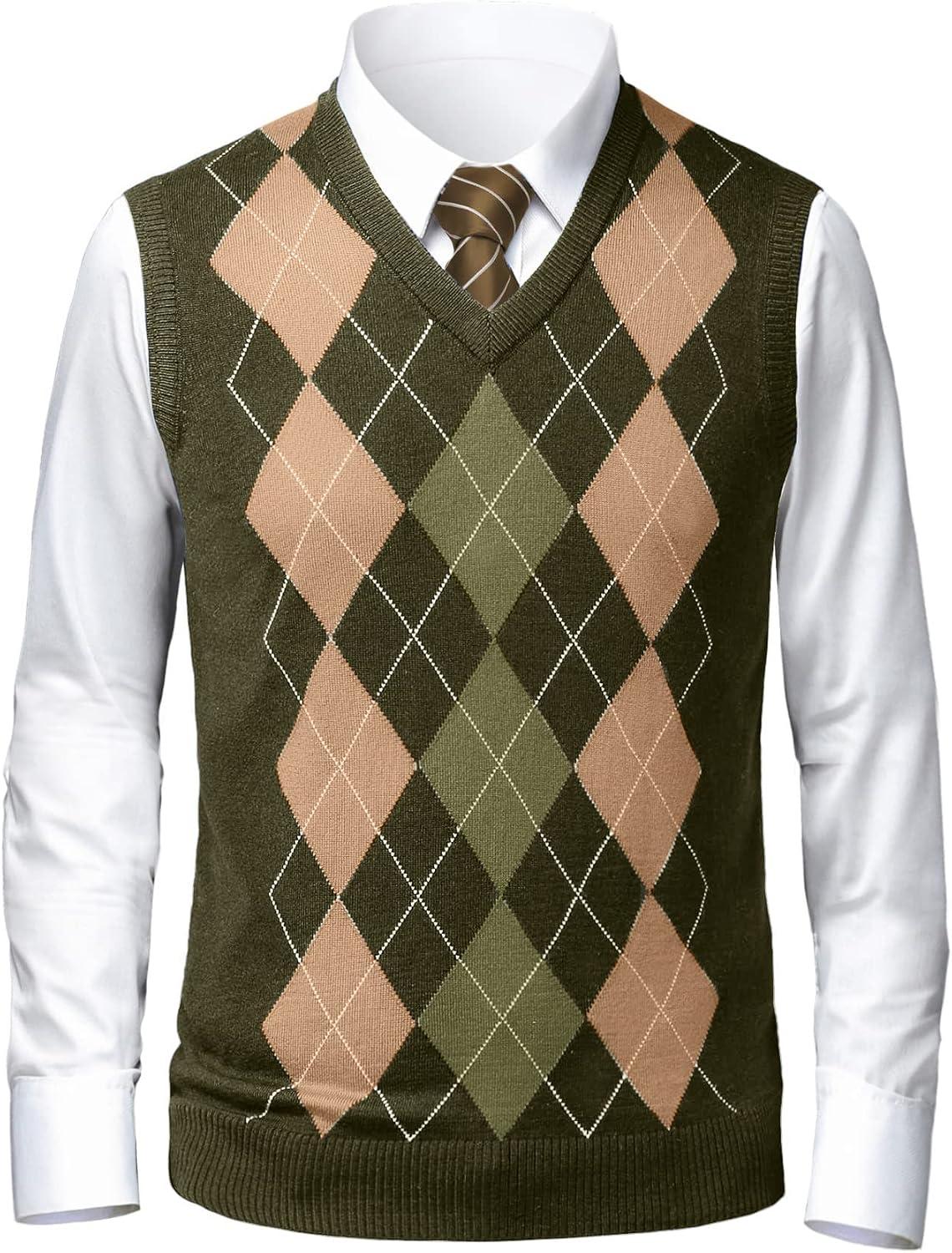 Men's Argyle V Neck Sweater Vest - Lightweight Sleeveless Knit with Slim Fit for Layering Over Dress Shirts - Medium