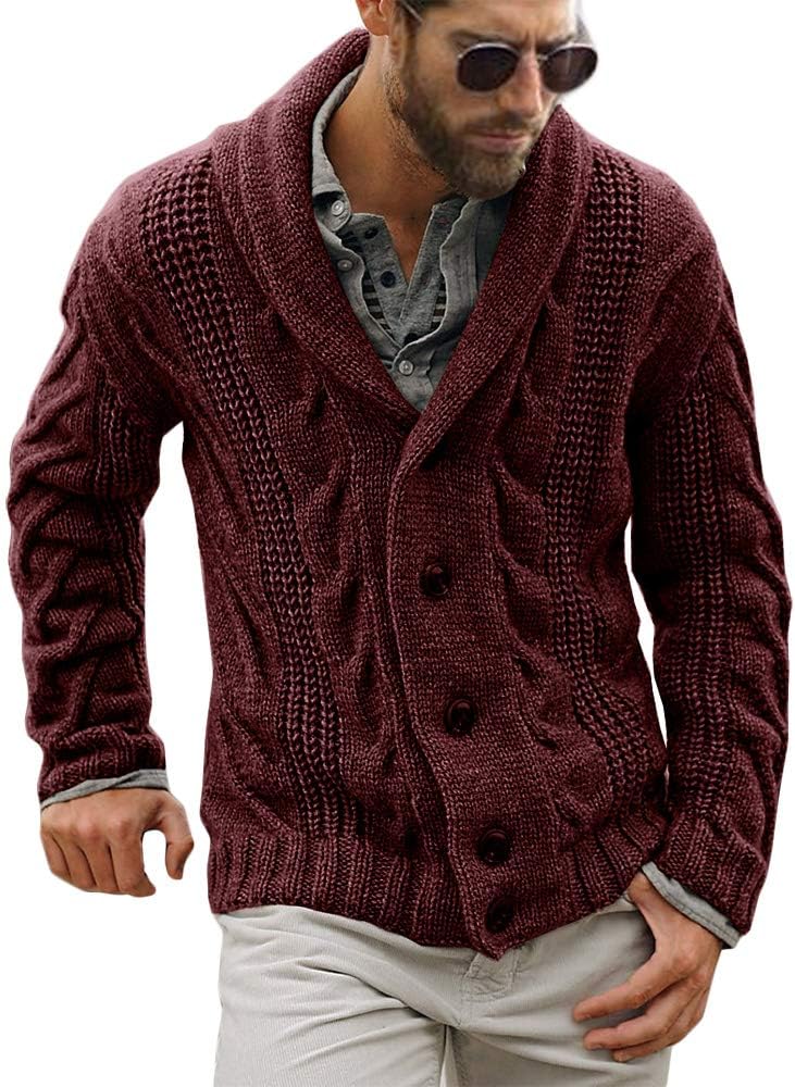 Men's Chunky Cable Knit Shawl Collar Cardigan - Loose Fit Button Down Sweater for Winter Fireside Evenings - Medium
