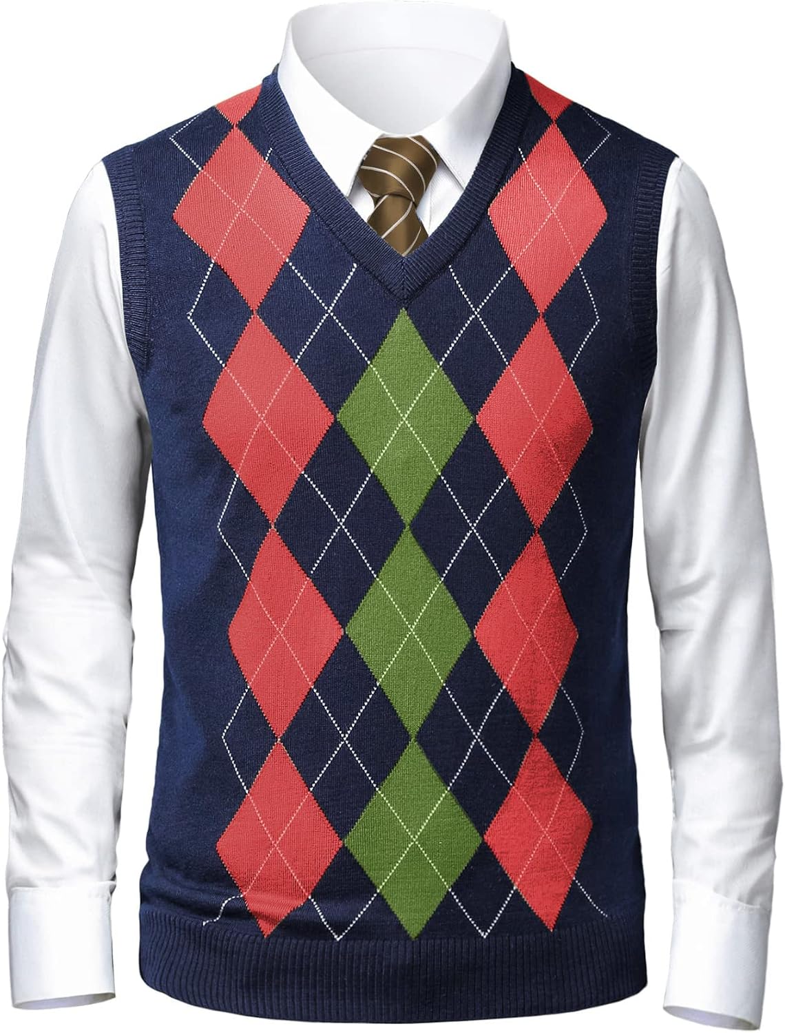 Men's Argyle V Neck Sweater Vest - Lightweight Sleeveless Knit with Slim Fit for Layering Over Dress Shirts - Medium