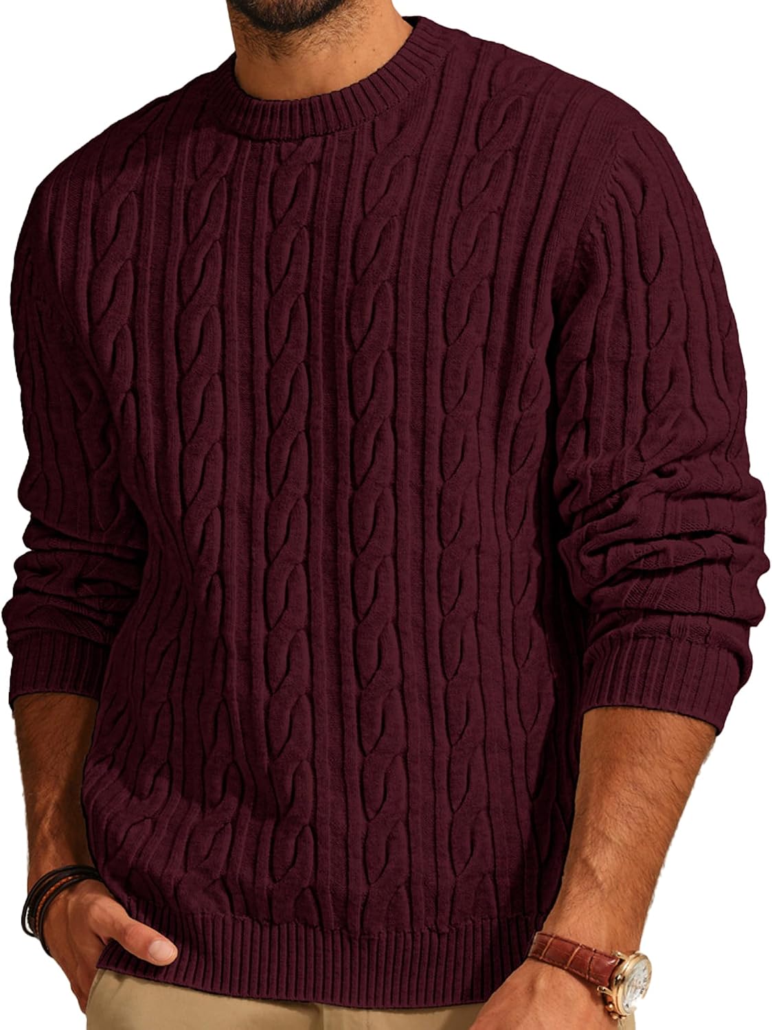 Men's Cable Knit Crewneck Sweater - Twist Textured Regular Fit Pullover in Solid Color for Business Casual Days - Medium