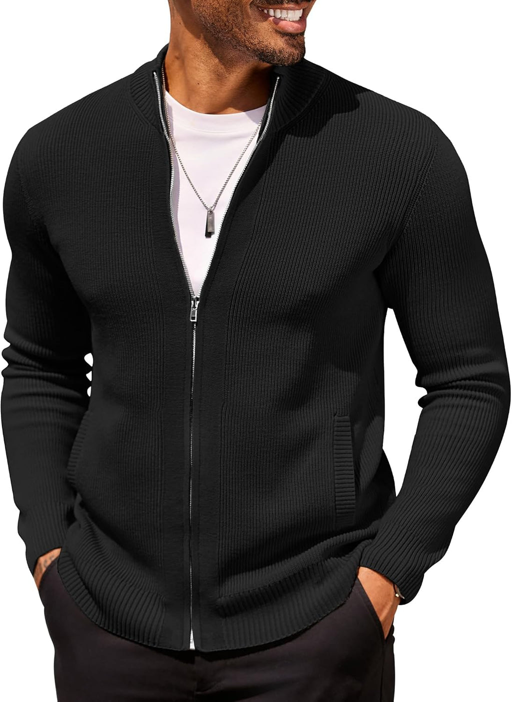 Men's Striped Knit Full Zip Cardigan - Slim Fit with Two Front Pockets and Ribbed Cuffs for Business Casual - Small
