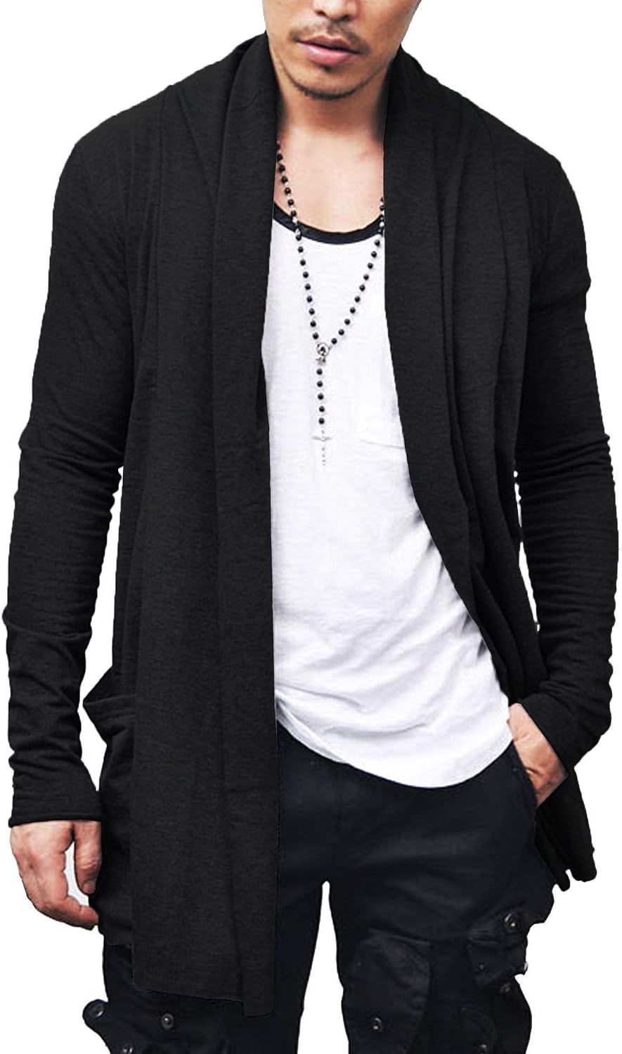 Men's Ruffle Shawl Collar Long Cardigan - Open Front Drape Cape with Side Pockets for Daily and Festival - Small
