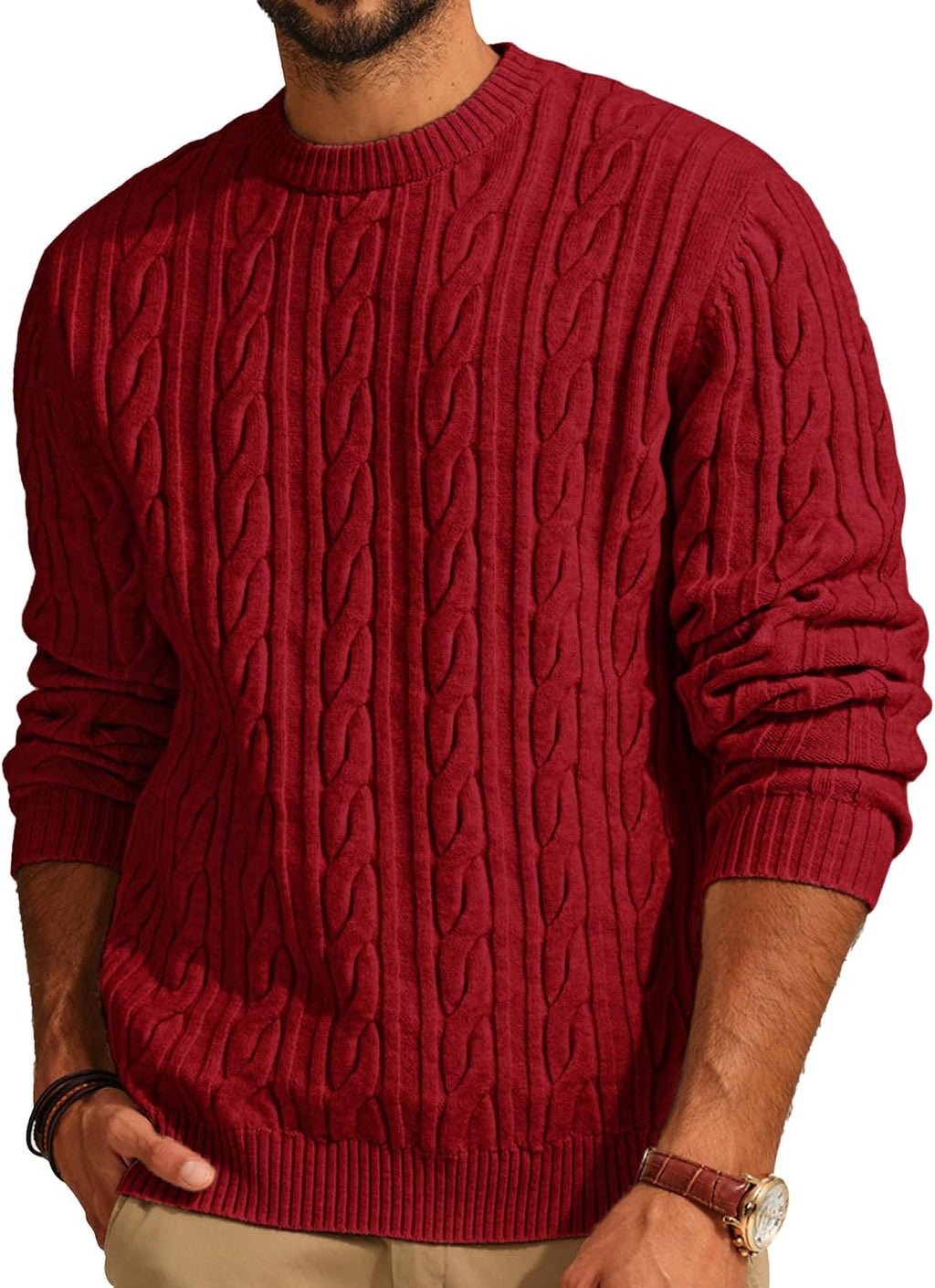 Men's Cable Knit Crewneck Sweater - Twist Textured Regular Fit Pullover in Solid Color for Business Casual Days - Large
