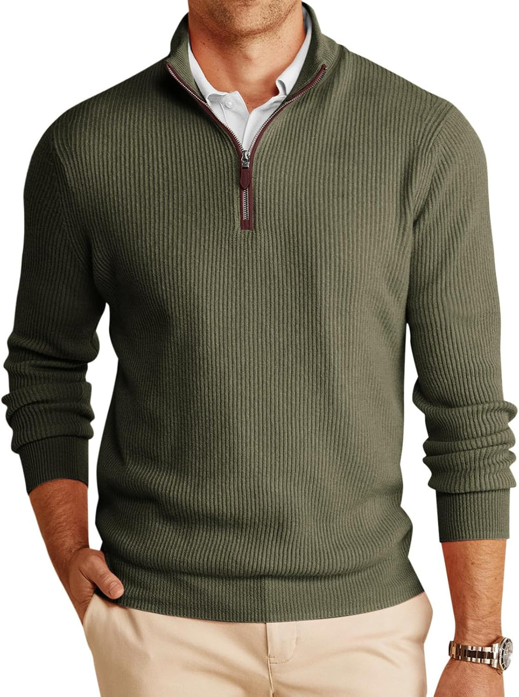 Men's Chunky Ribbed Knit Quarter Zip Sweater - Relaxed Fit Mock Neck for Winter Golf Rounds and Work Days - Small