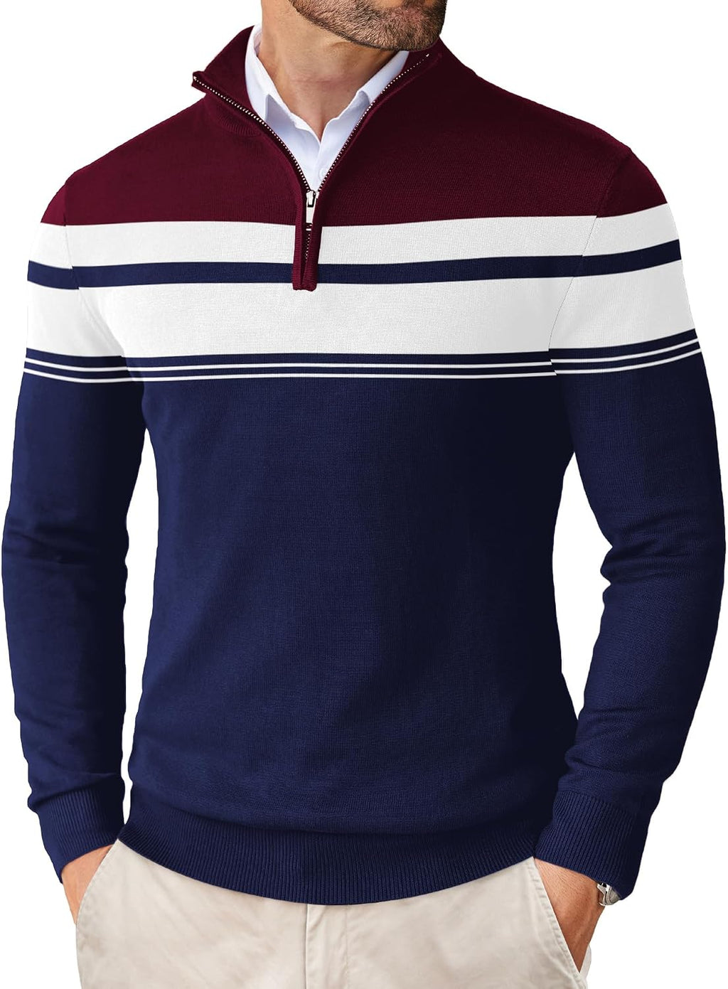 Men's Lightweight Knit Quarter Zip Pullover - Slim Fit Mock Neck with Metal Zipper Pull for Fall Office Days - Large (28