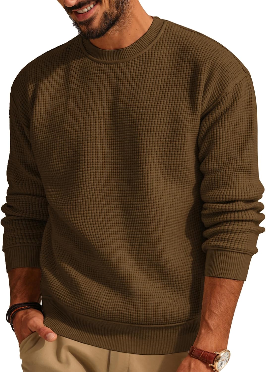 Men's Waffle Knit Crewneck Sweater in Coffee