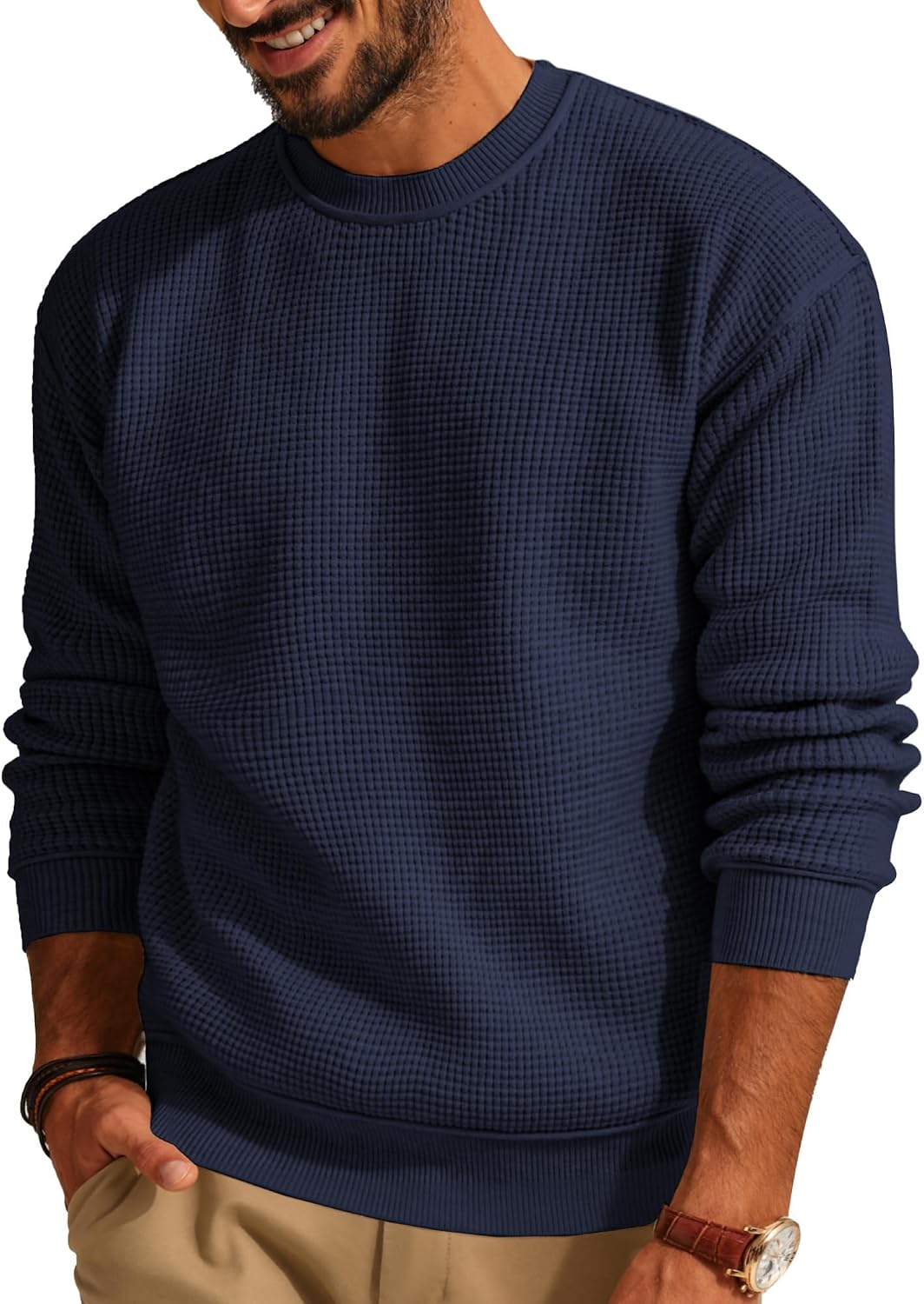 Men's Waffle Knit Crewneck Sweater - Lightweight Textured Pullover for Casual Daily Wear in Fall and Winter - Small