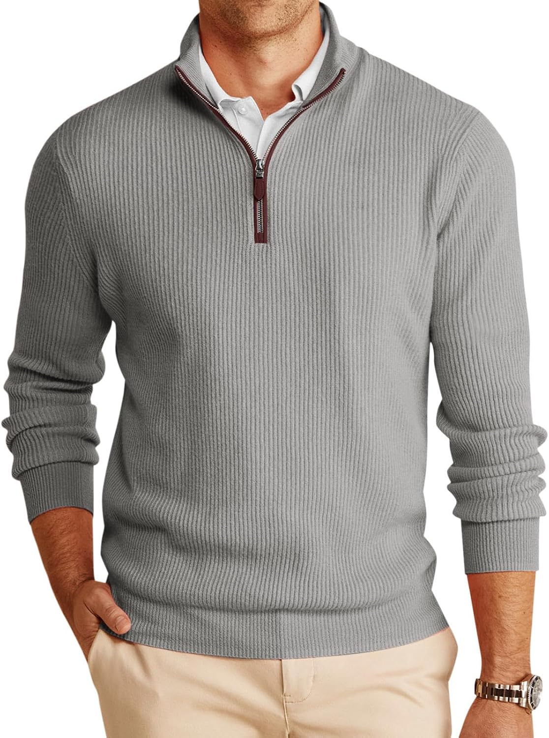 Men's Chunky Ribbed Knit Quarter Zip Sweater - Relaxed Fit Mock Neck for Winter Golf Rounds and Work Days - Small