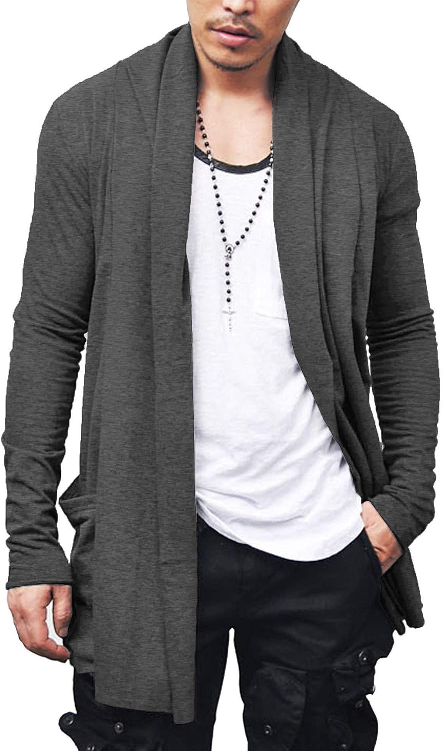 Men's Ruffle Shawl Collar Long Cardigan in Deep Gray