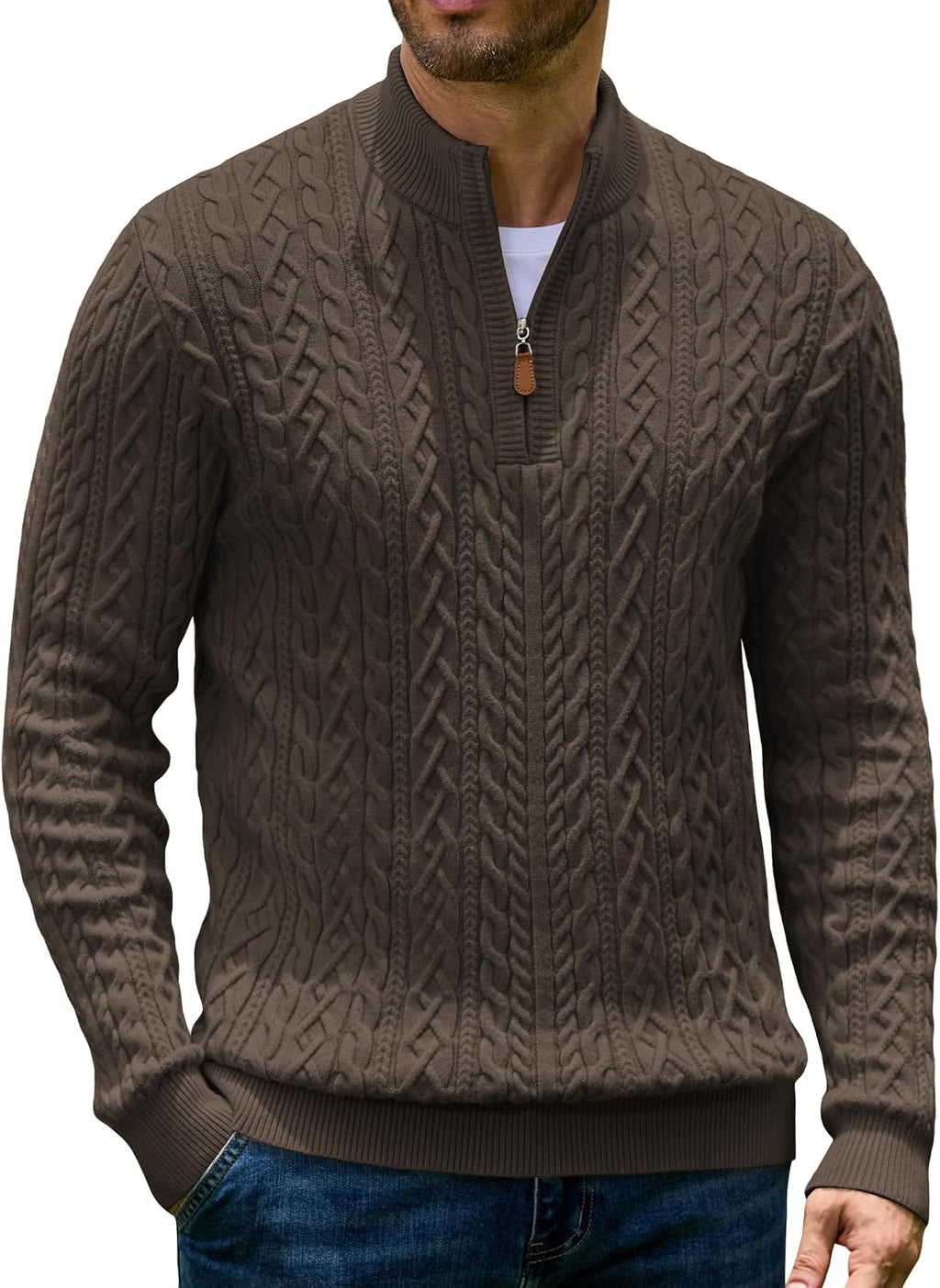 Men's Cable Knit Quarter Zip Sweater - Twist Textured Mock Neck in Heavyweight Stretch Knit for Cold Days - Small