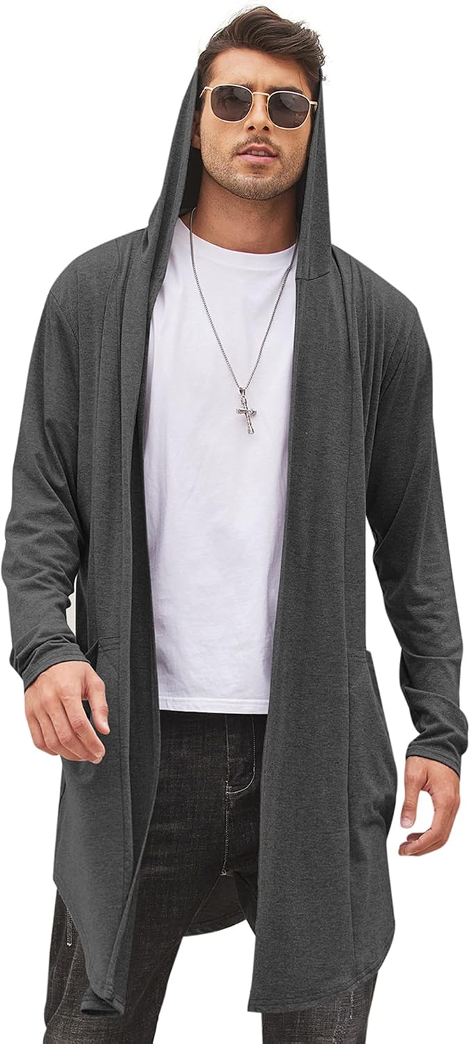 Men's Hooded Shawl Collar Long Cardigan - Open Front Drape Cape with Curved Hem and Two Pockets for Festivals - Small