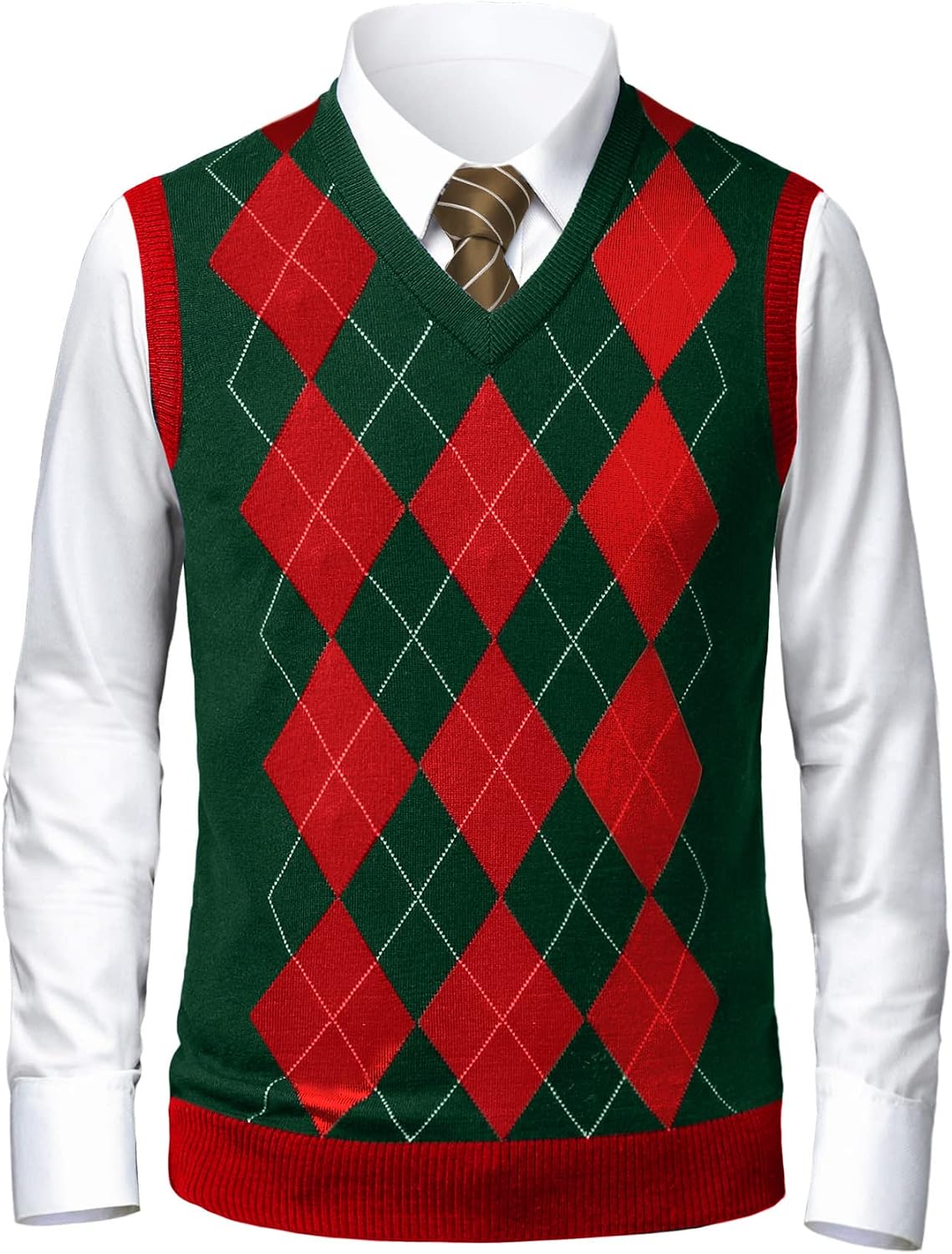 Men's Argyle V Neck Sweater Vest - Lightweight Sleeveless Knit with Slim Fit for Layering Over Dress Shirts - Medium