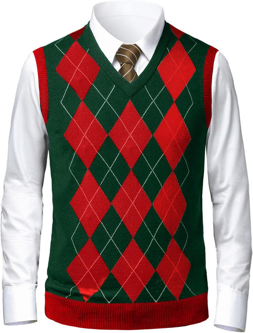 Men's Argyle V Neck Sweater Vest - Lightweight Sleeveless Knit with Slim Fit for Layering Over Dress Shirts - Medium