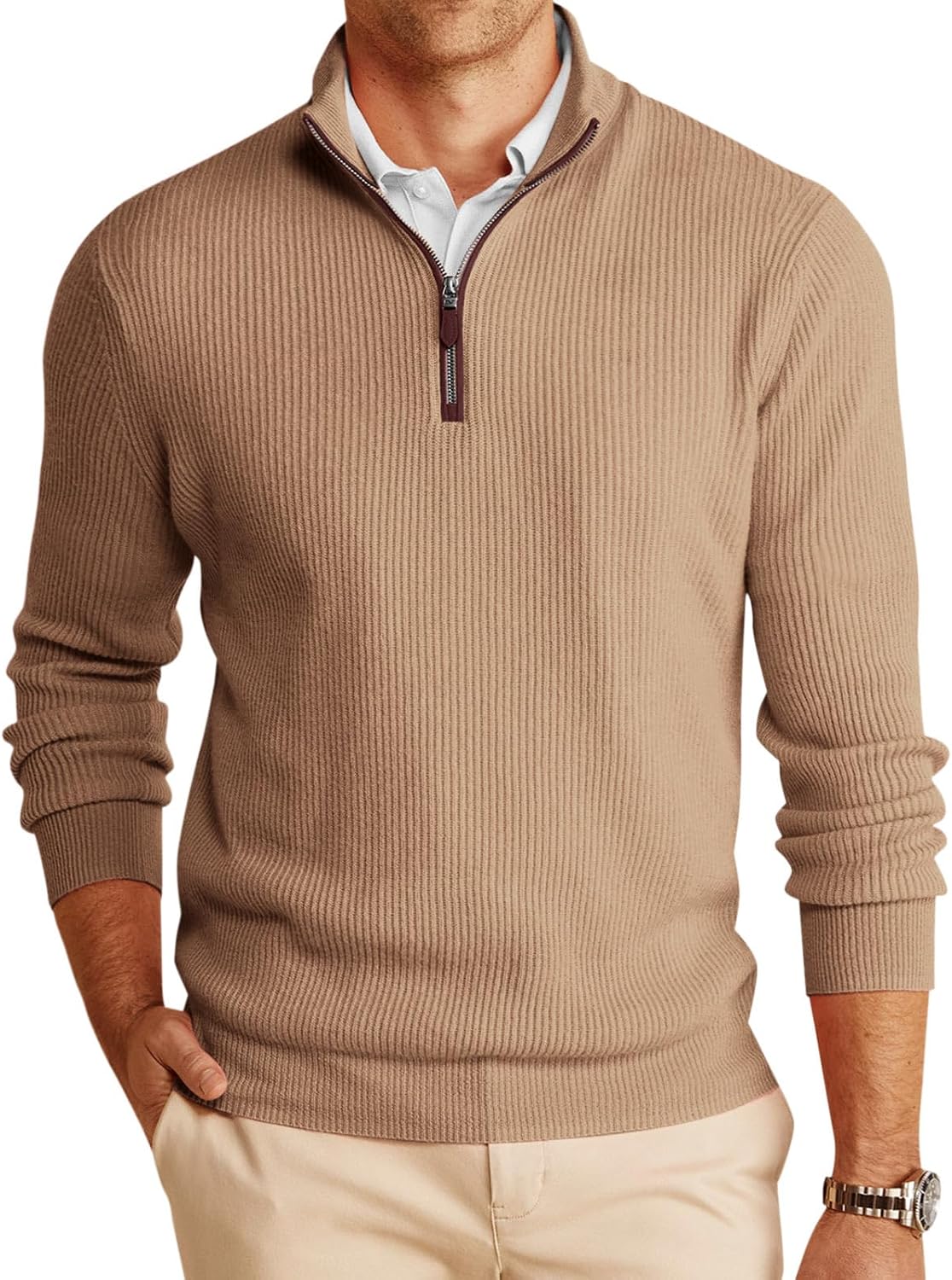Men's Chunky Ribbed Knit Quarter Zip Sweater - Relaxed Fit Mock Neck for Winter Golf Rounds and Work Days - Small