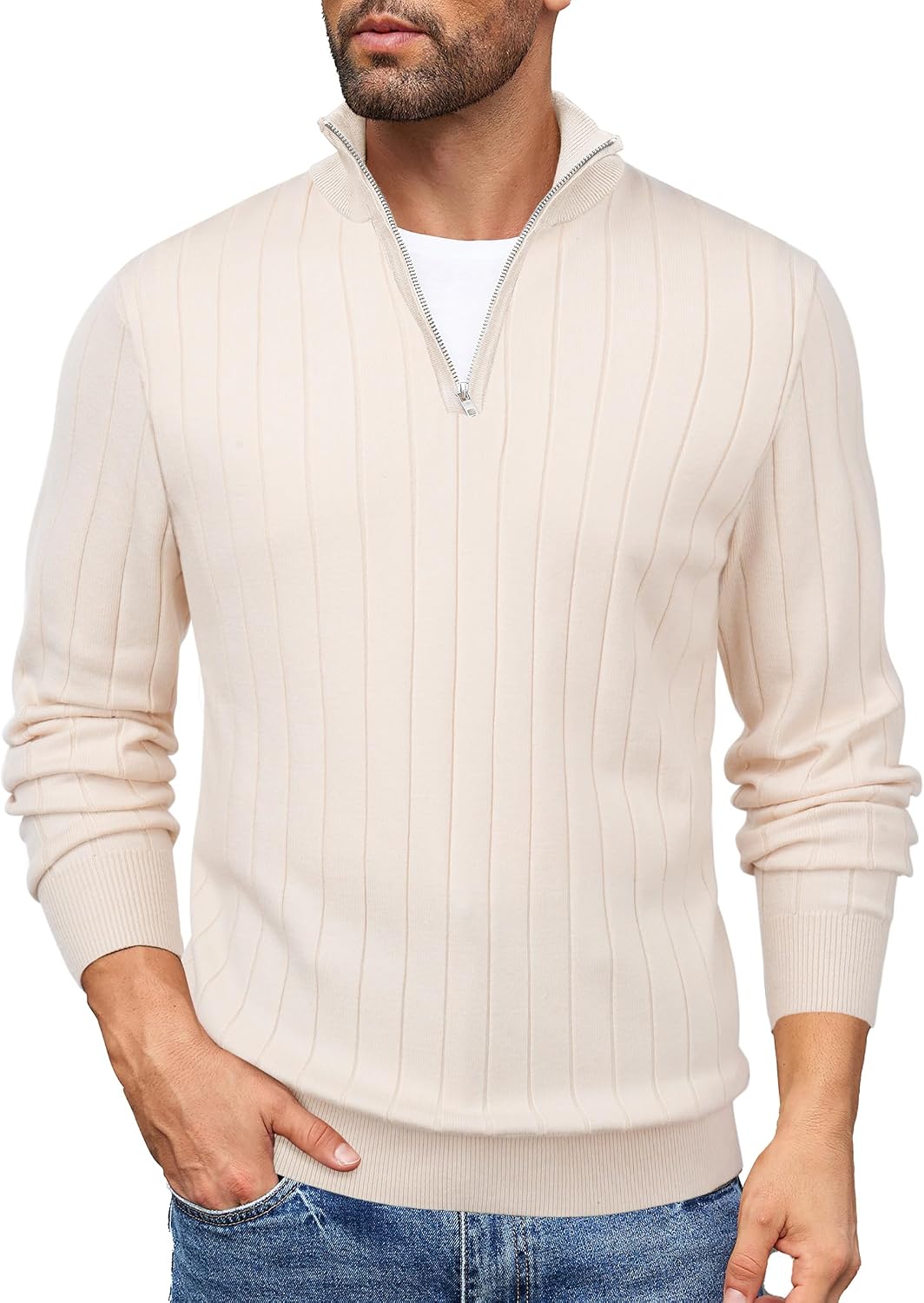 Men's Lightweight Ribbed Knit Quarter Zip Pullover - Slim Fit Mock Neck in Solid Color for Golf and Travel - Small