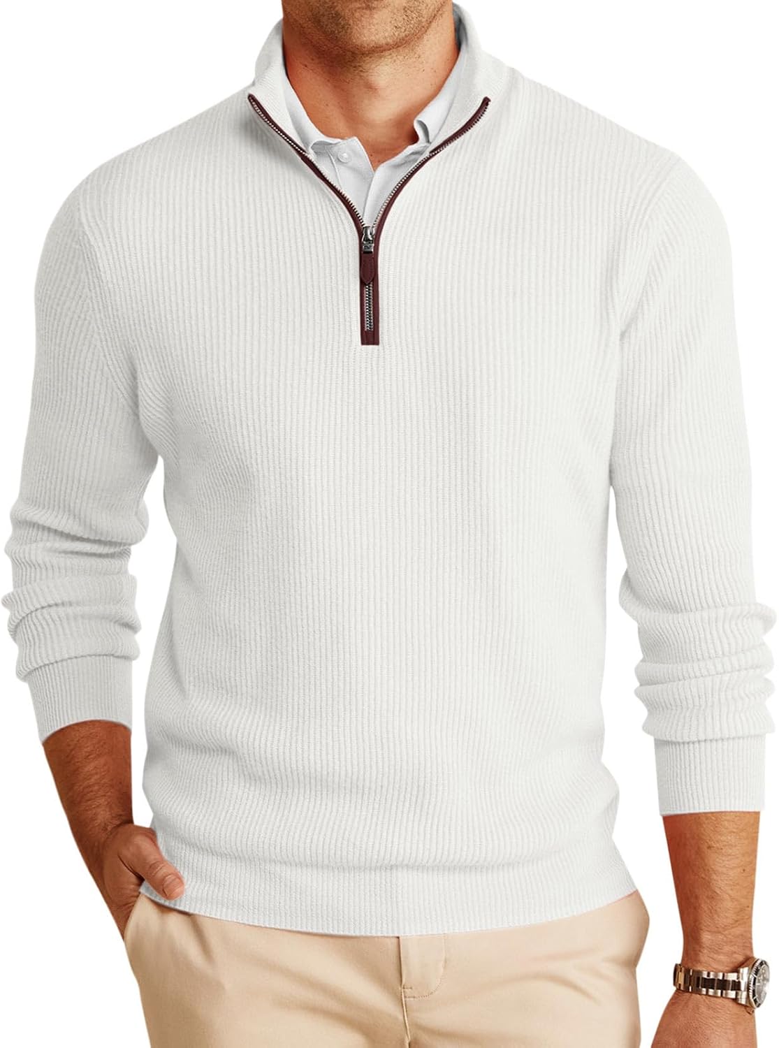 Men's Chunky Ribbed Knit Quarter Zip Sweater - Relaxed Fit Mock Neck for Winter Golf Rounds and Work Days - Medium