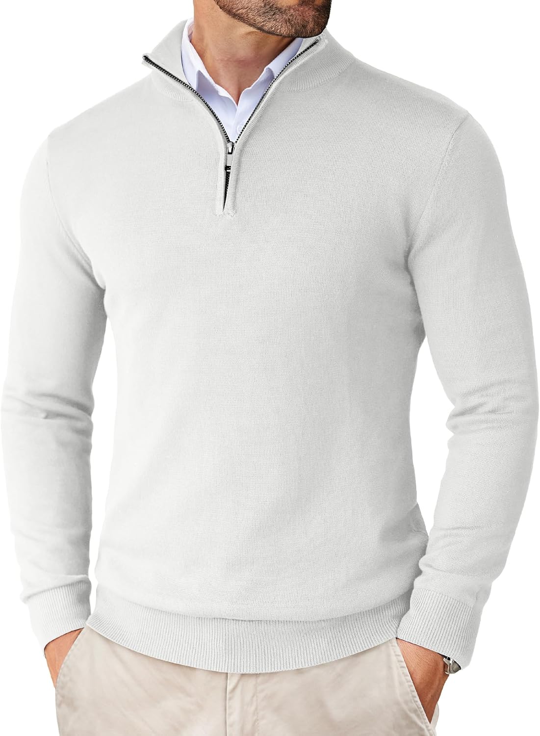 Men's Lightweight Knit Quarter Zip Pullover - Slim Fit Mock Neck with Metal Zipper Pull for Fall Office Days - Medium