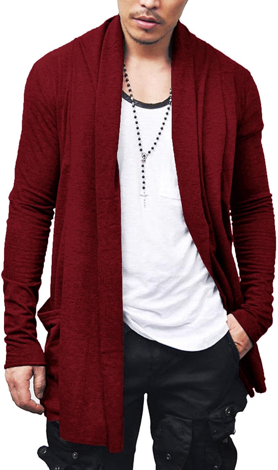 Men's Ruffle Shawl Collar Long Cardigan - Open Front Drape Cape with Side Pockets for Daily and Festival - Small