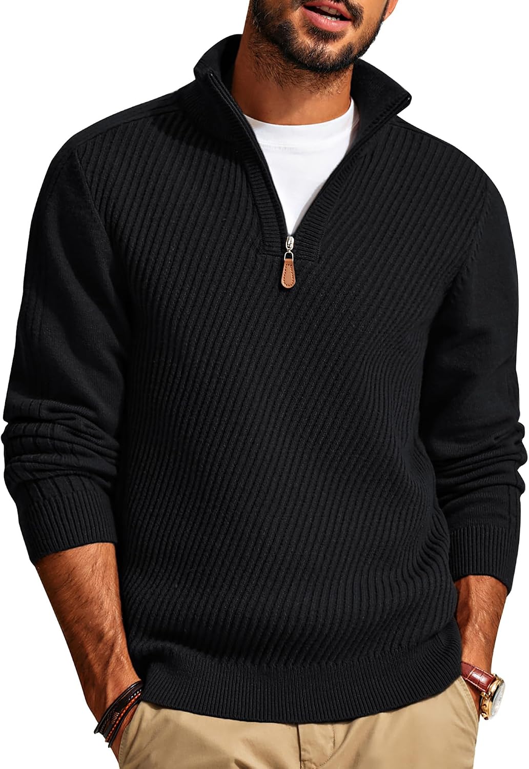 Men's Textured Knit Half Zip Pullover in Black