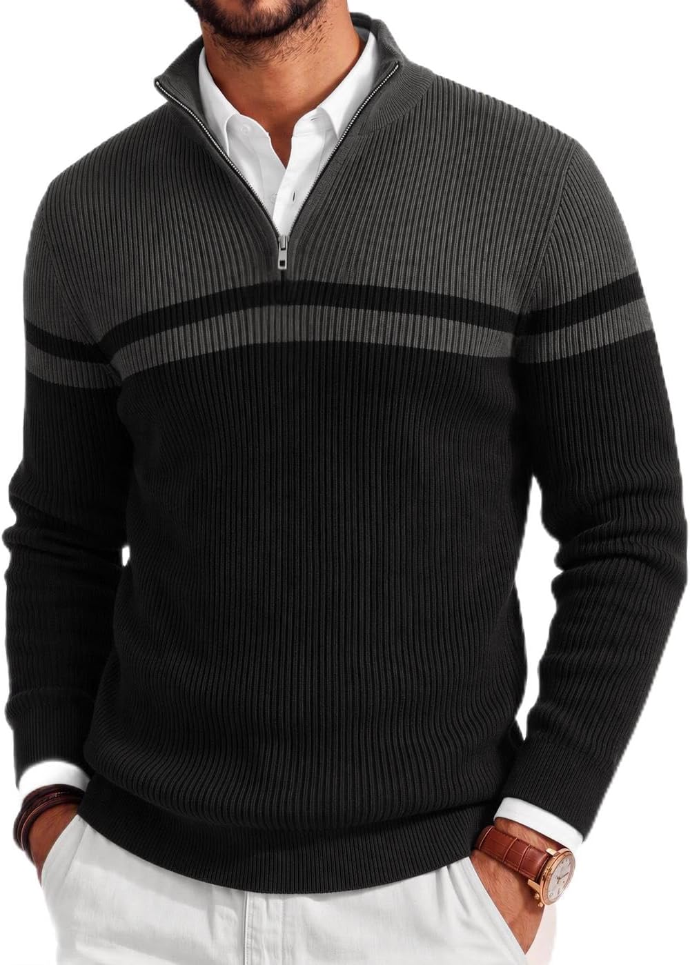 Men's Lightweight Ribbed Knit Quarter Zip Pullover - Slim Fit Mock Neck in Solid Color for Golf and Travel - Medium
