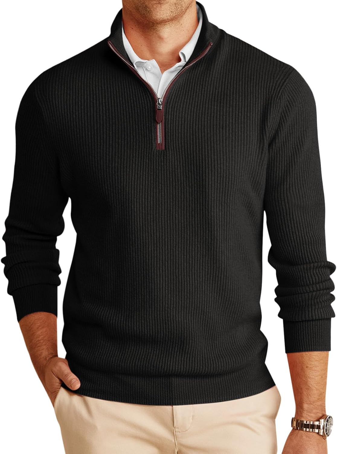 Men's Chunky Ribbed Knit Quarter Zip Sweater - Relaxed Fit Mock Neck for Winter Golf Rounds and Work Days - Medium
