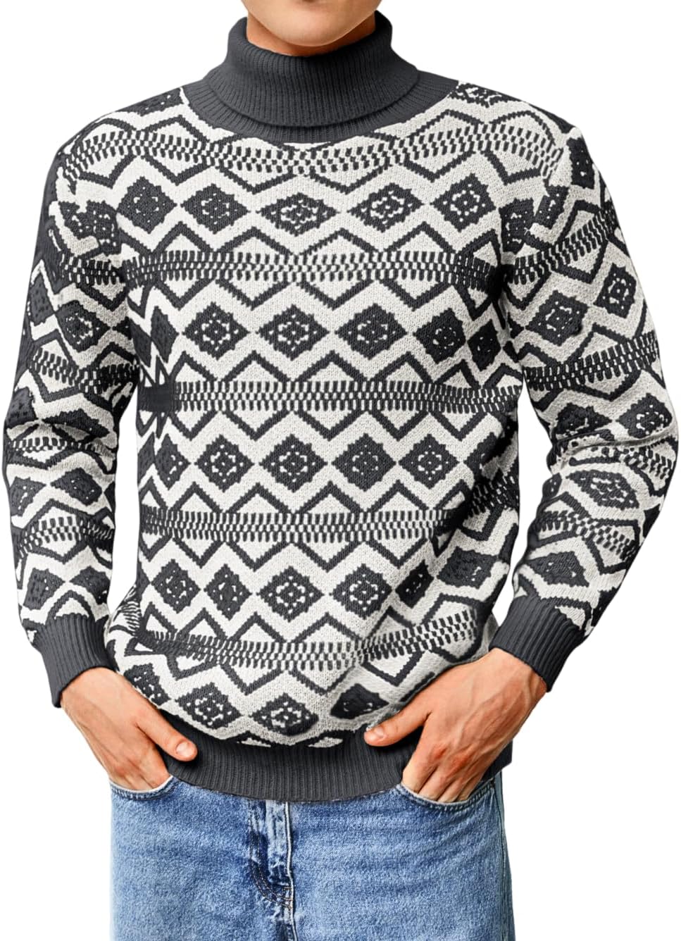 Men's Nordic Chunky Knit Turtleneck Sweater - Argyle Cable Pattern Vintage Pullover for Cold Winter Weekends - Black (2)
