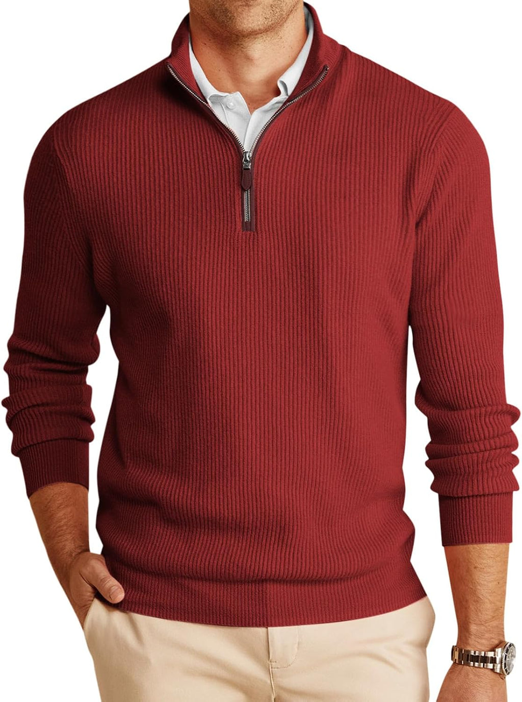 Men's Chunky Ribbed Knit Quarter Zip Sweater - Relaxed Fit Mock Neck for Winter Golf Rounds and Work Days - Small