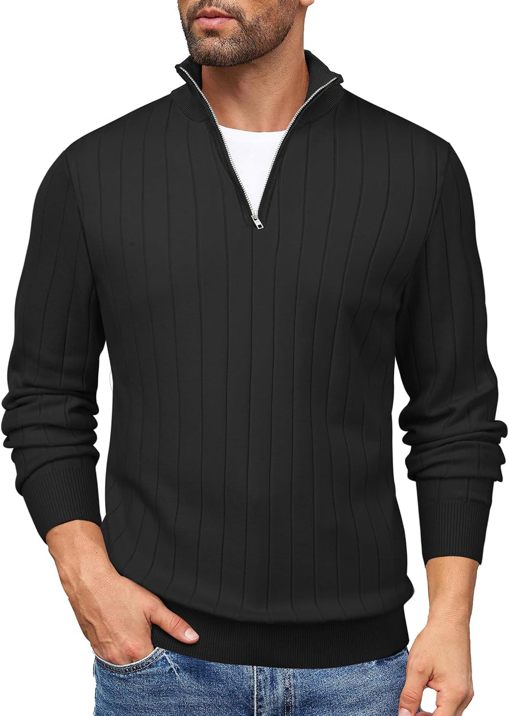 Men's Lightweight Ribbed Knit Quarter Zip Pullover - Slim Fit Mock Neck in Solid Color for Golf and Travel - Large