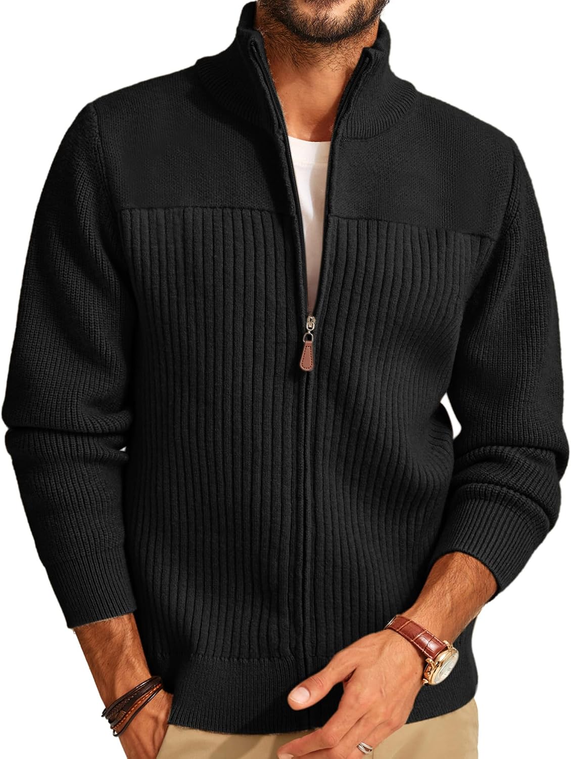 Men's Heavyweight Ribbed Knit Full Zip Cardigan - Stand Collar Regular Fit for Cold Mornings and Camp Trips - Small
