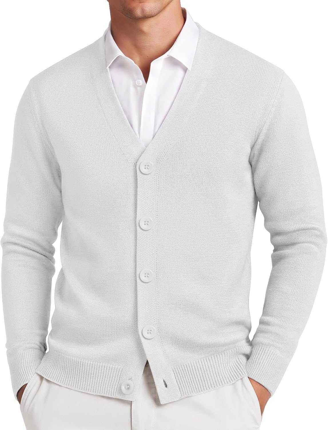 Men's Lightweight V Neck Knit Cardigan in White