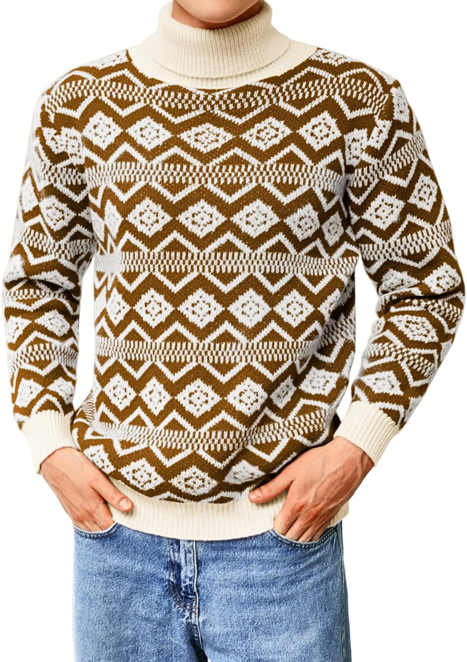 Men's Nordic Chunky Knit Turtleneck Sweater in Brown