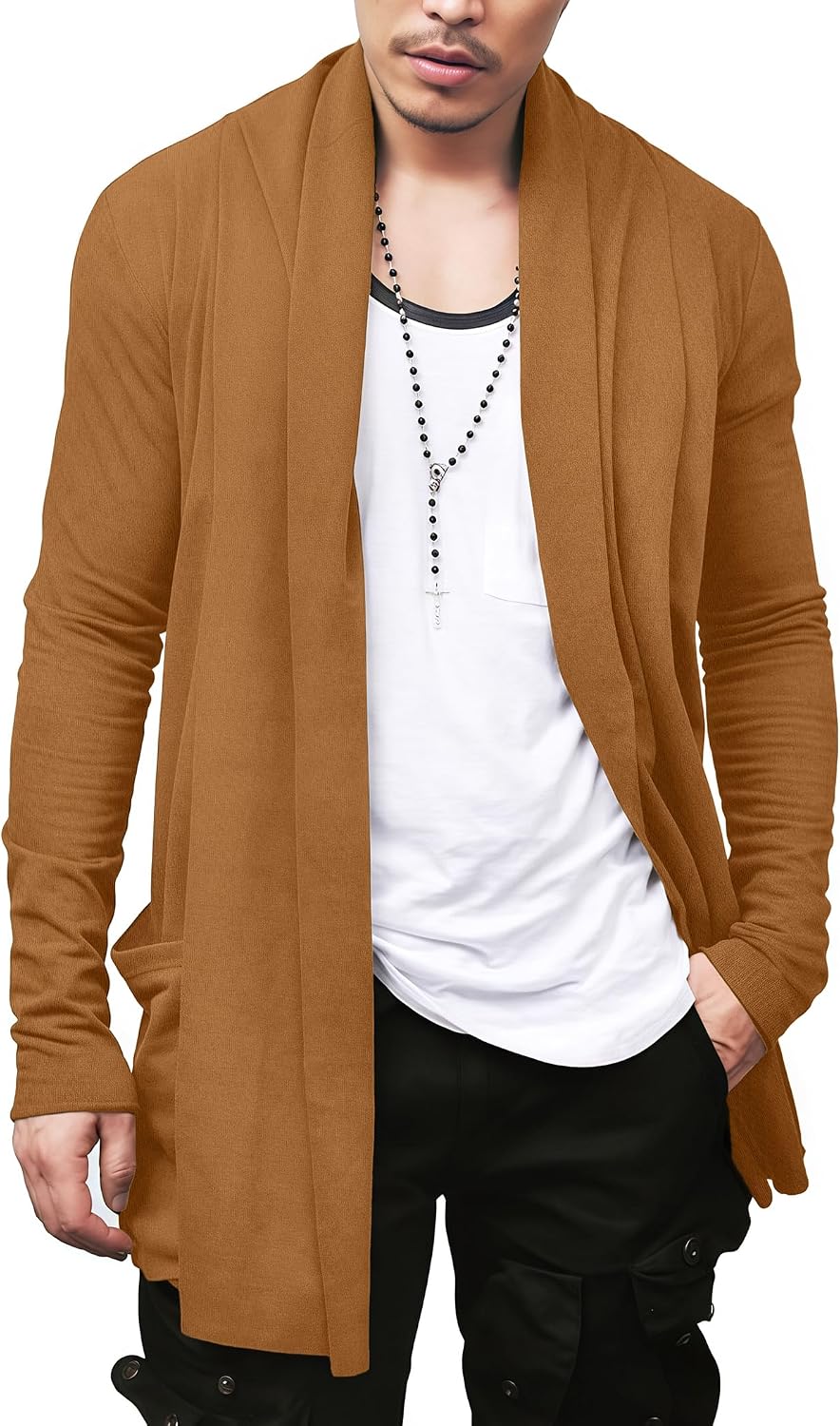 Men's Ruffle Shawl Collar Long Cardigan in Light Brown