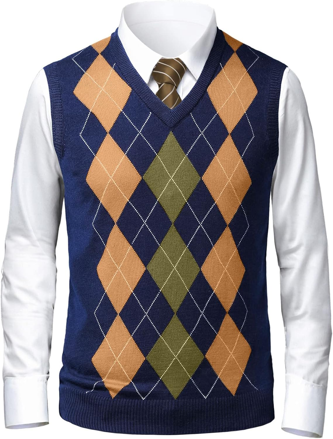 Men's Argyle V Neck Sweater Vest - Lightweight Sleeveless Knit with Slim Fit for Layering Over Dress Shirts - Medium
