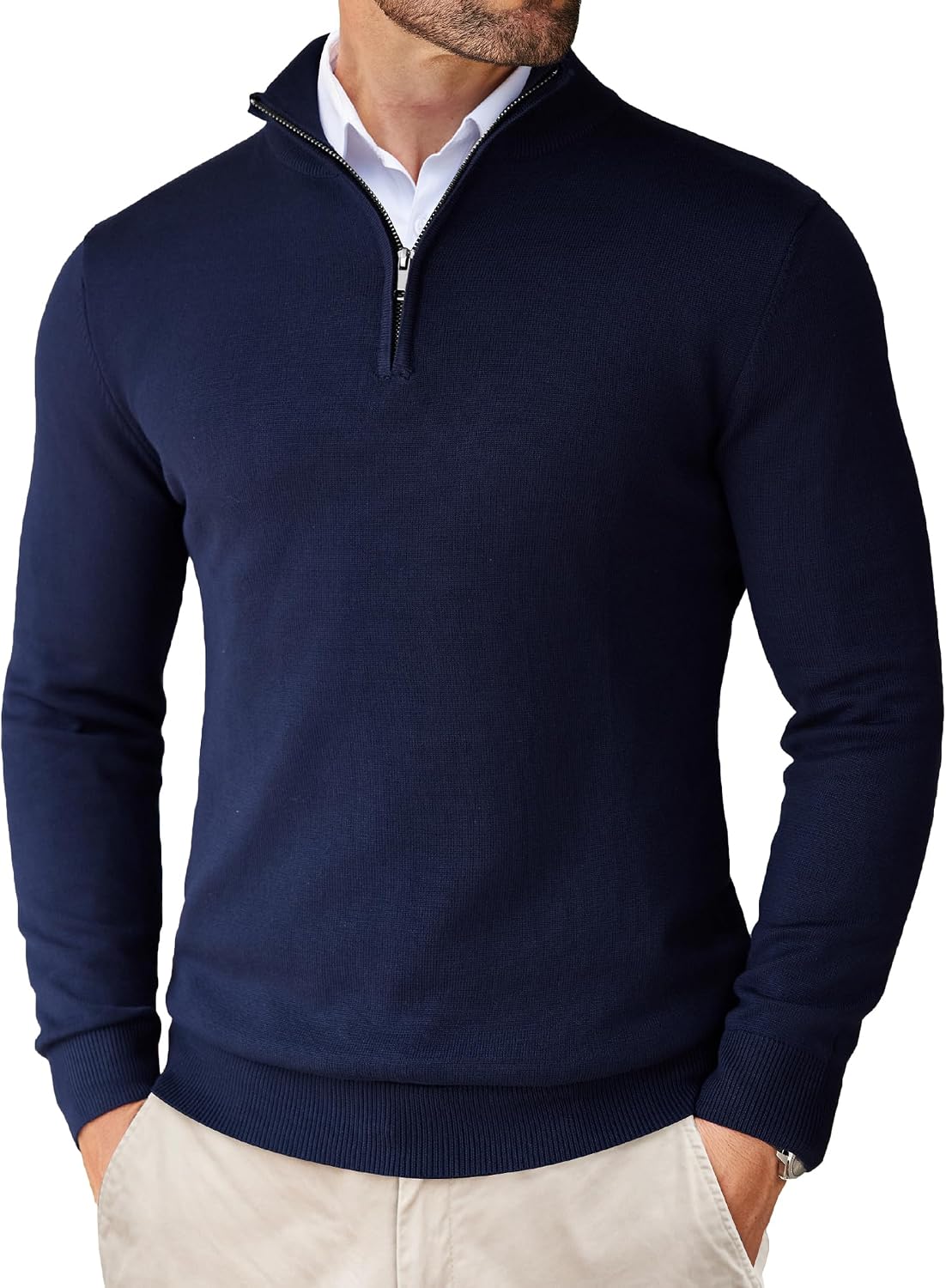 Men's Lightweight Knit Quarter Zip Pullover - Slim Fit Mock Neck with Metal Zipper Pull for Fall Office Days - Small